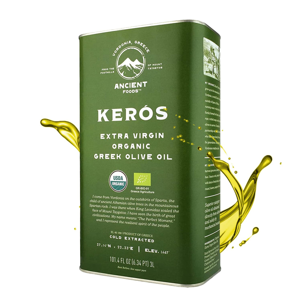 Ancient Foods Keros Organic Extra Virgin Olive Oil Cold Pressed – Greek EVOO, High Polyphenol Olive Oil from 1000 Year Old Trees from Greece – Ideal for Cooking, Salads & Gourmet Dishes – 101oz (3L)