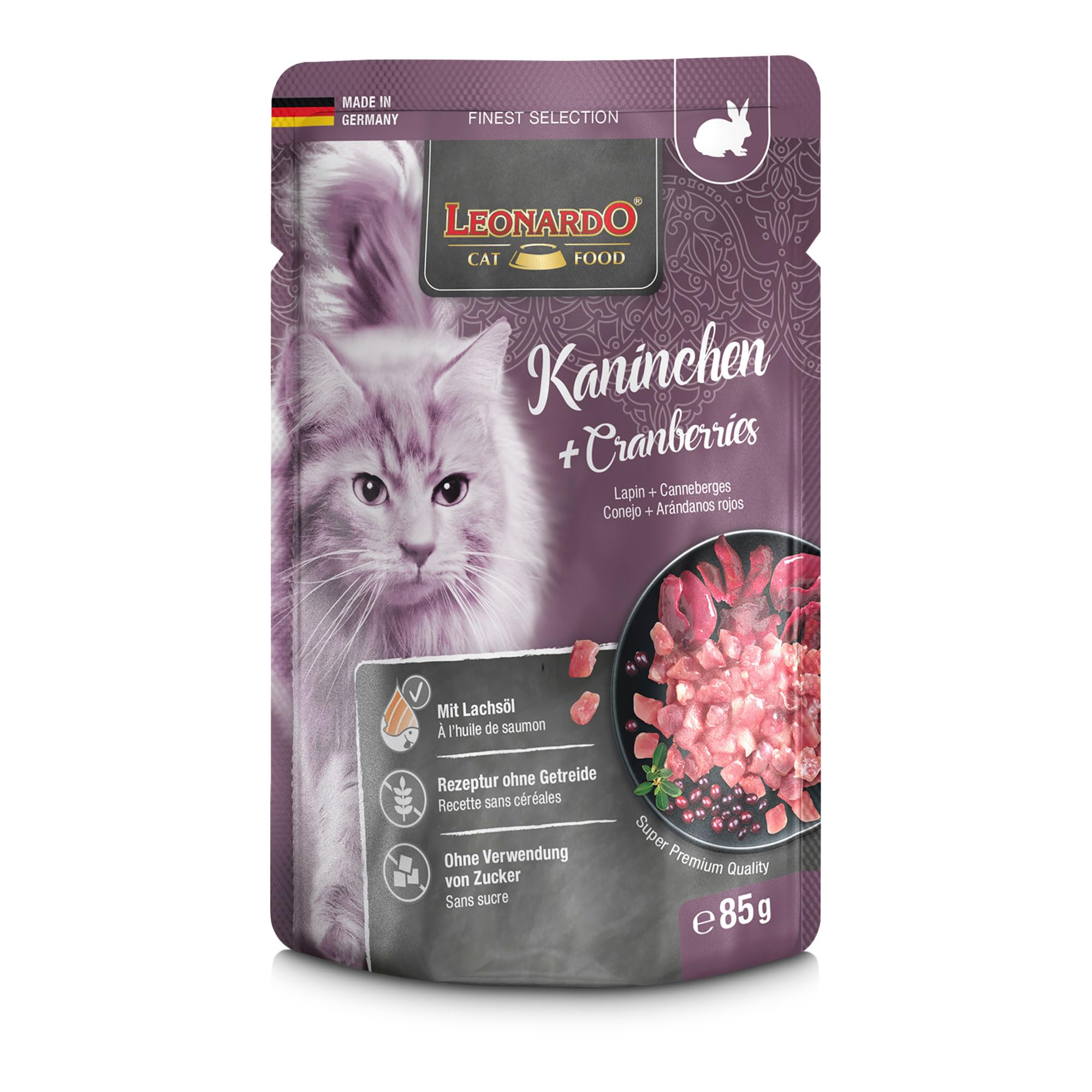 LEONARDO Frischebeutel [16x85g Kaninchen + Cranberries] | Getreidefreies Nassfutter für Katzen | Feuchtfutter Alleinfutter im Einzelportionsbeutel