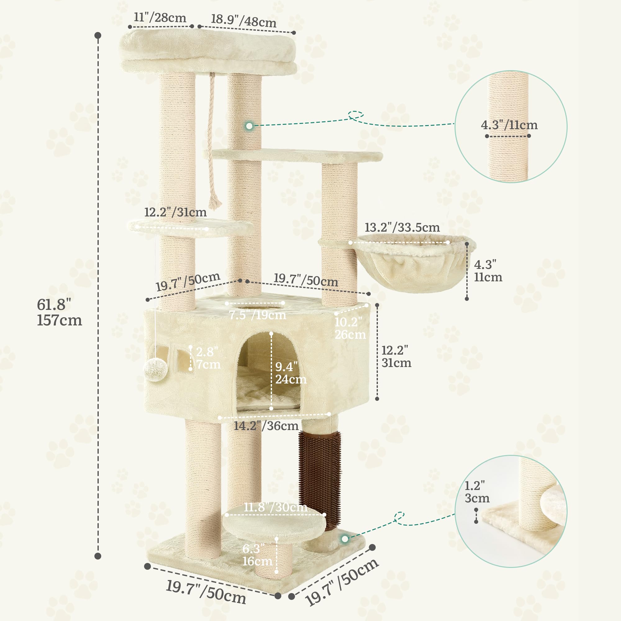 YITAHOME Kratzbaum, Katzenkratzbaum, für Große Katze, Katzenbaum, Katzenbürsten, 11 cm Dicke Stämme, Große Plattformen, Plüschkissen, Höhle, 50 x 50 x 157 cm, Beige