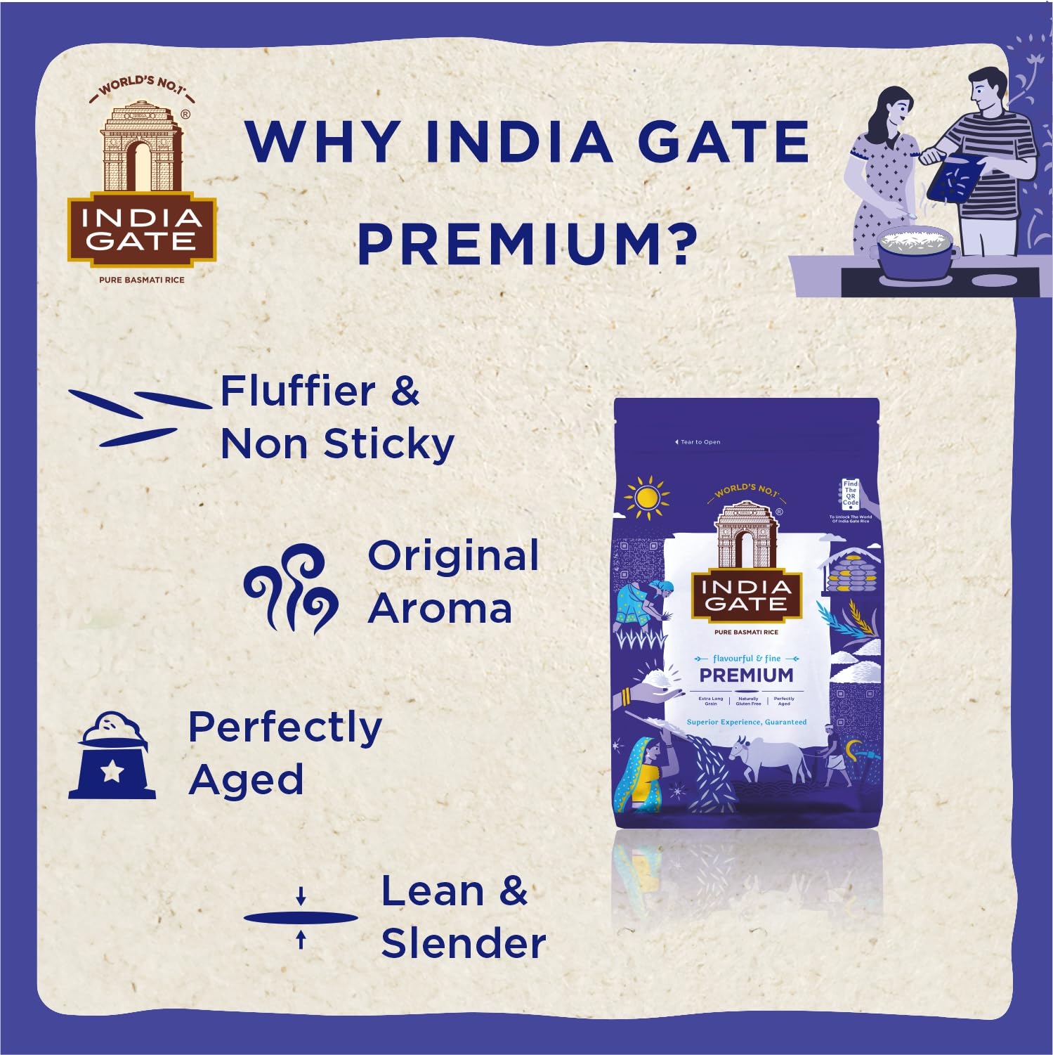 INDIA GATE Premium Basmati Reis – Feiner, aromatischer Langkornreis aus Indien, feines Langkorn (1 x 5 kg)