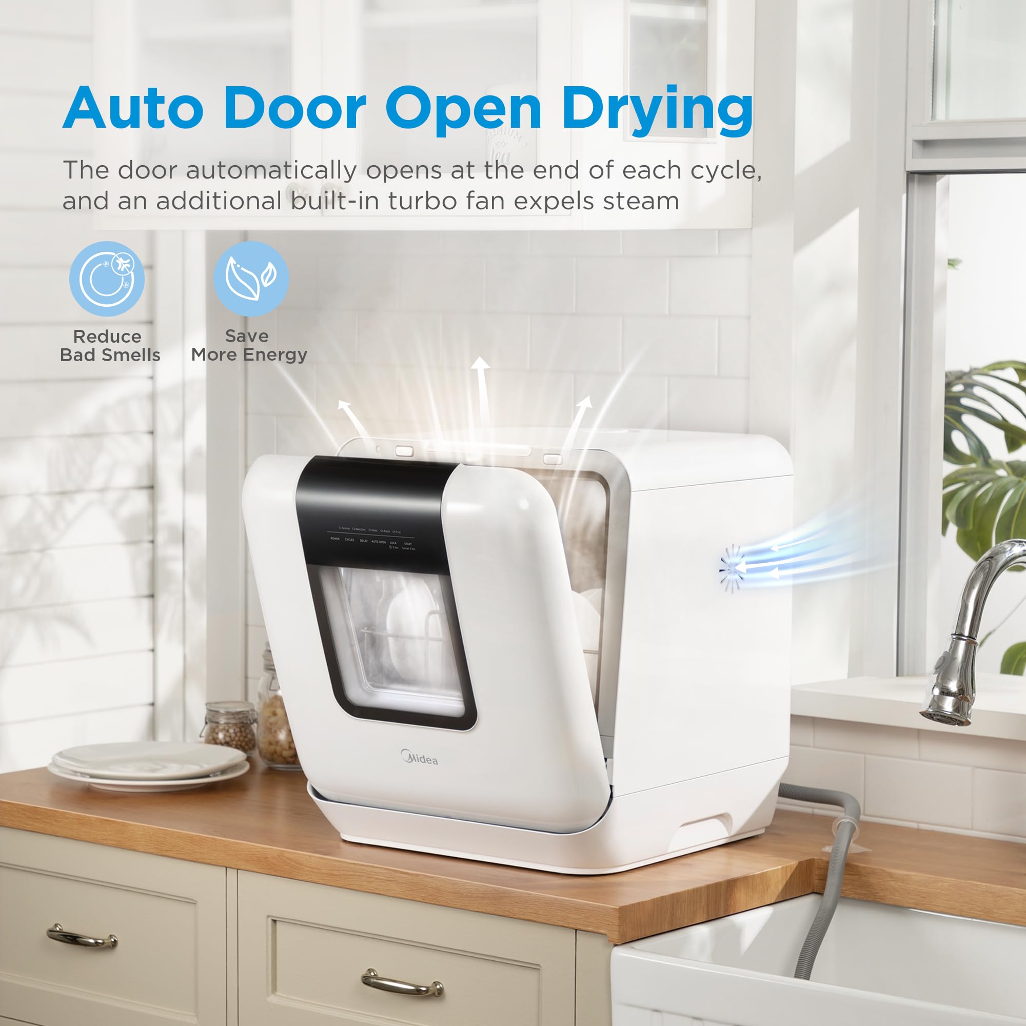 Midea MDC17P2DWW Countertop Dishwasher Portable with 6L(1.59G) Built-in Water Tank, 5+2 Programs, Auto Door Open, Dual Drying System, Energy-Saving and Odor Removal, for Apartments, Dorms& RVs, White