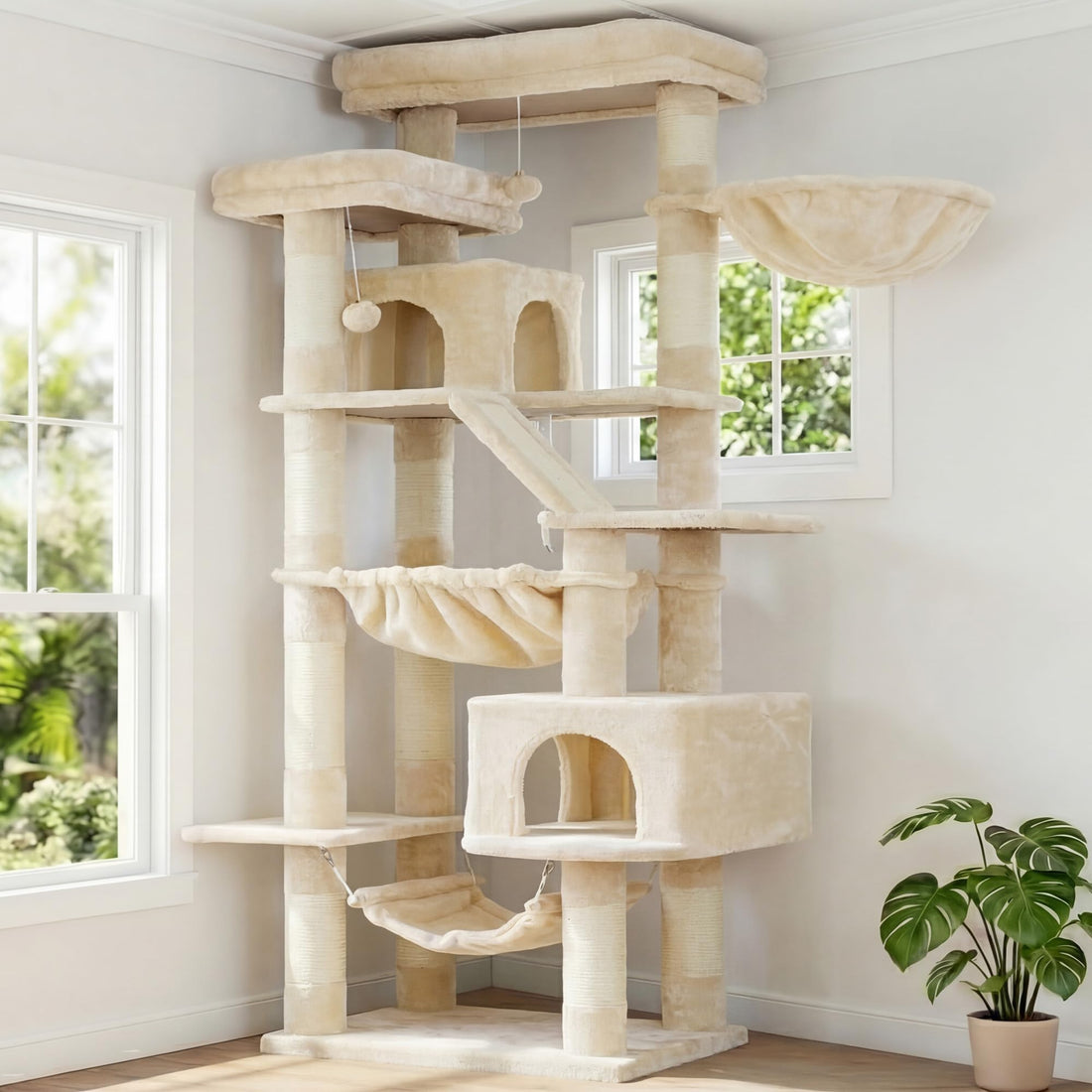 Heybly Kratzbaum, 180 cm Hoher Katzenturm für Wohnungskatzen mit 2 Plattformen, 2 Großen Schlafhäusern, 2 Hängematten, Korb und Kratzbrett, Großes Katzenmöbel mit Schlafplatz, Hellgrau HCT034W