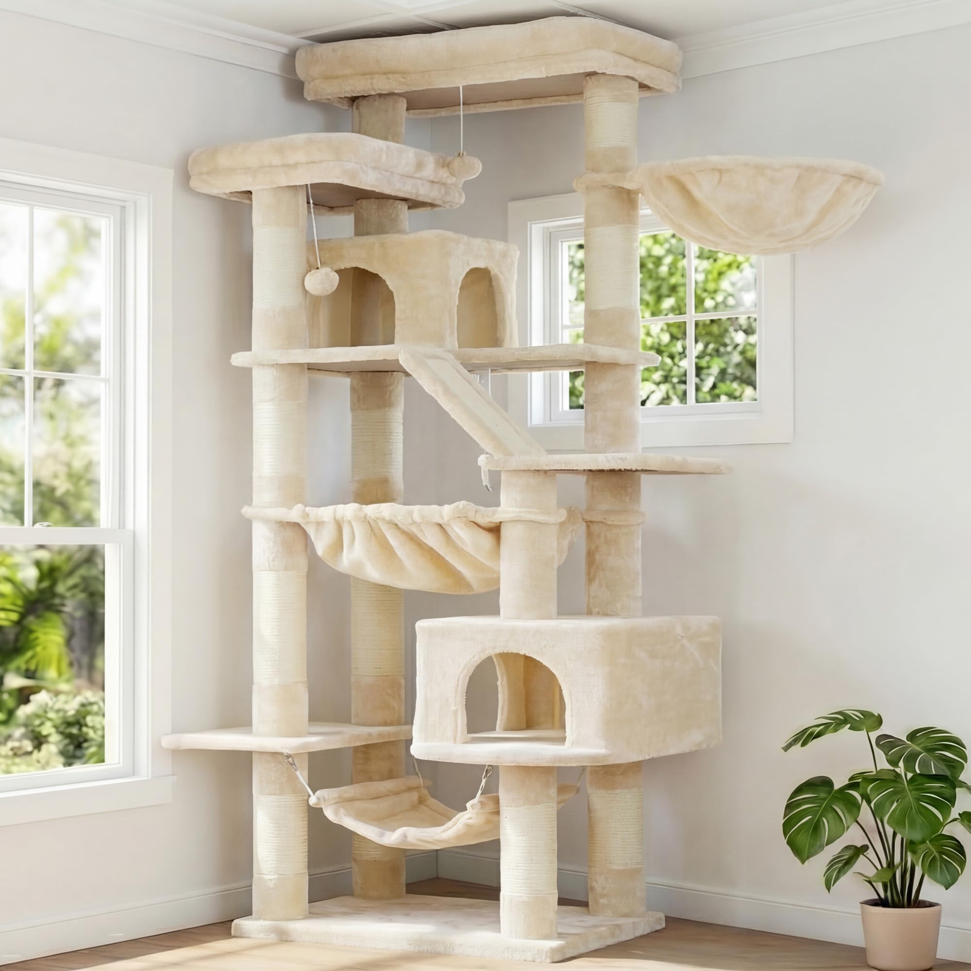 Heybly Kratzbaum, 180 cm Hoher Katzenturm für Wohnungskatzen mit 2 Plattformen, 2 Großen Schlafhäusern, 2 Hängematten, Korb und Kratzbrett, Großes Katzenmöbel mit Schlafplatz, Hellgrau HCT034W