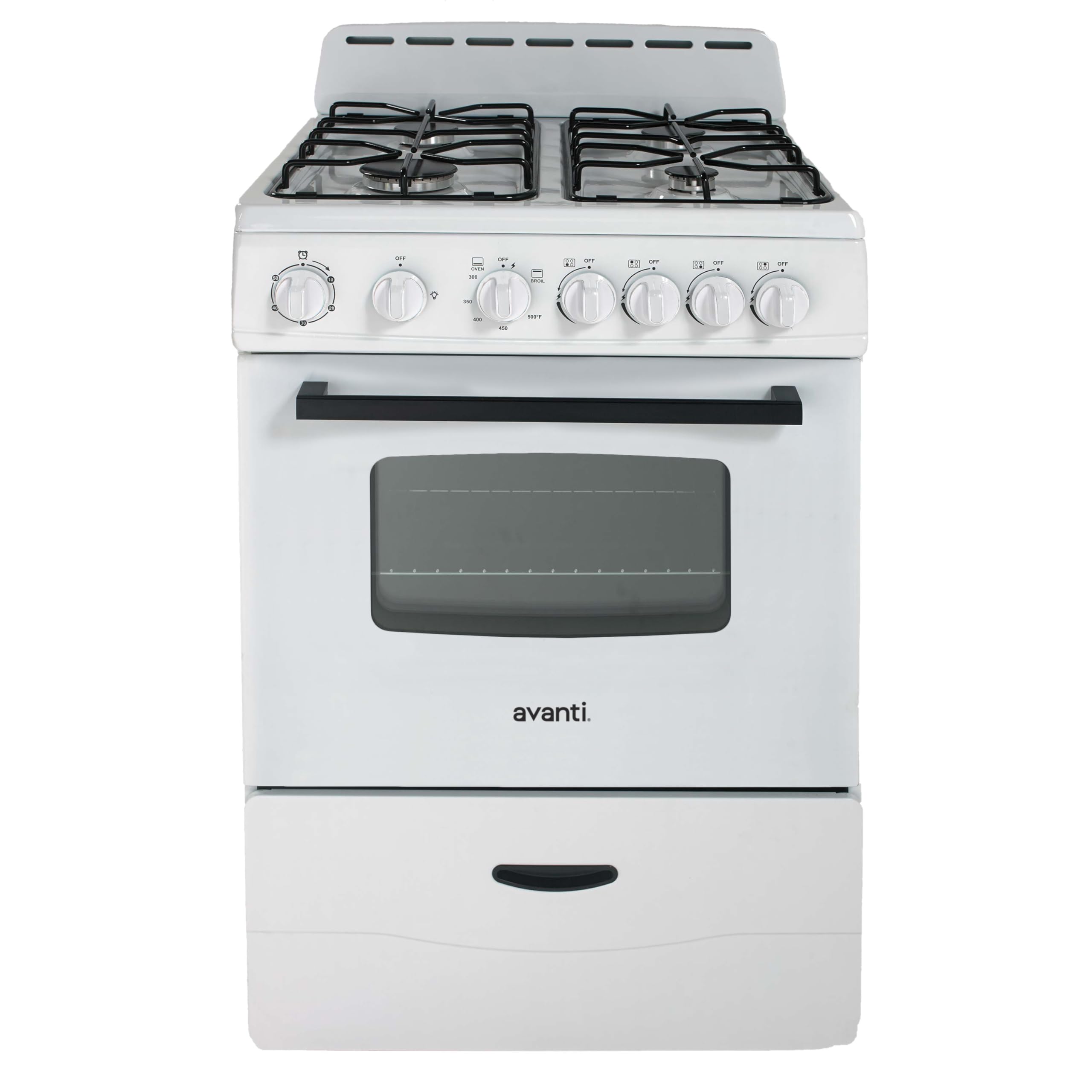 Avanti Compact Gas Range Oven 24-Inch with 4 Sealed Burners Automatic Electronic Ignition Large 2.6 cu.ft. Oven Storage Drawer Glass Door and Oven Light, in Stainless Steel
