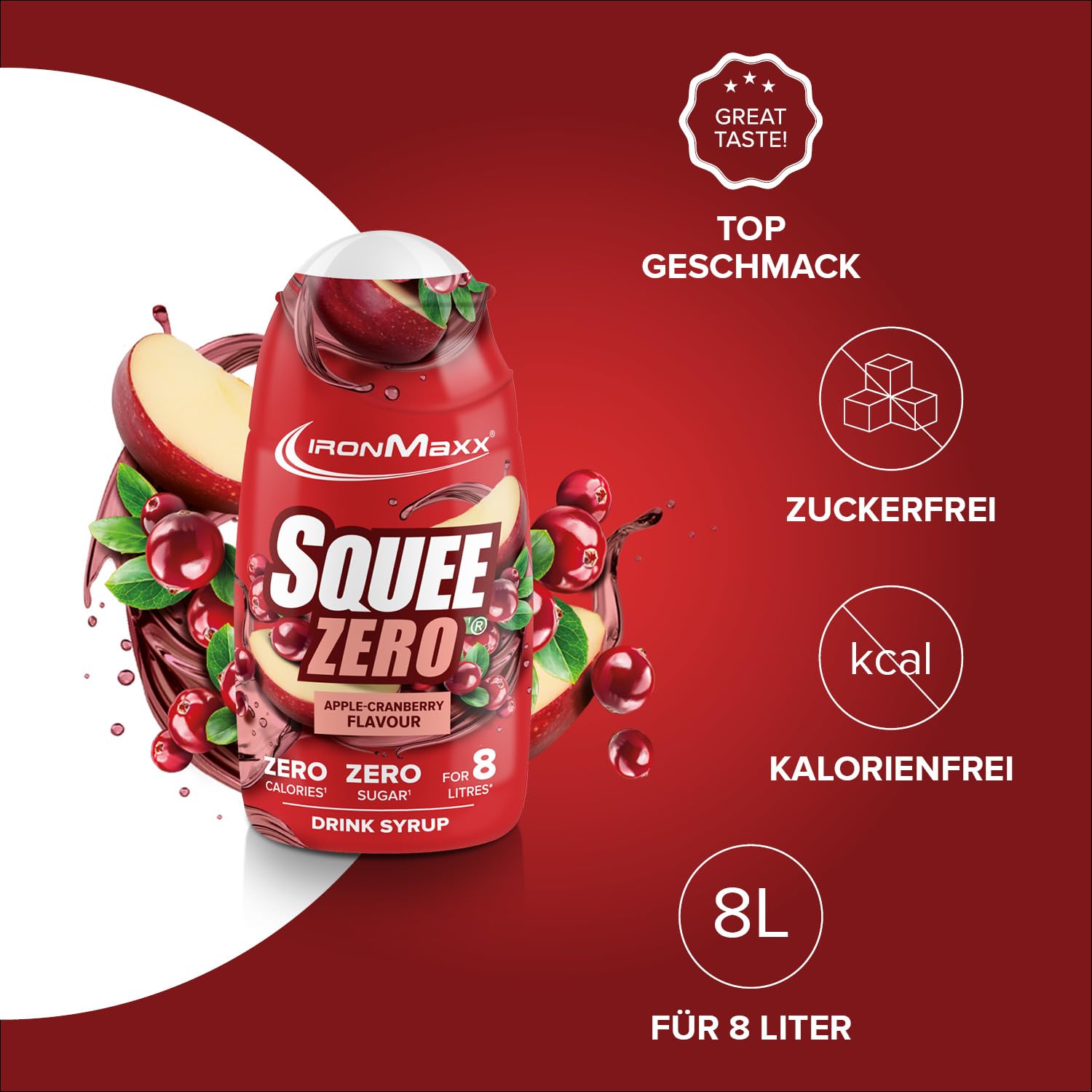IronMaxx SqueeZero - Raspberry 65ml | Sirup, Erfrischendes Geschmackserlebnis für 8 Liter, Zuckerfrei und Kalorienfrei in 100ml verzehrfertigem Getränk