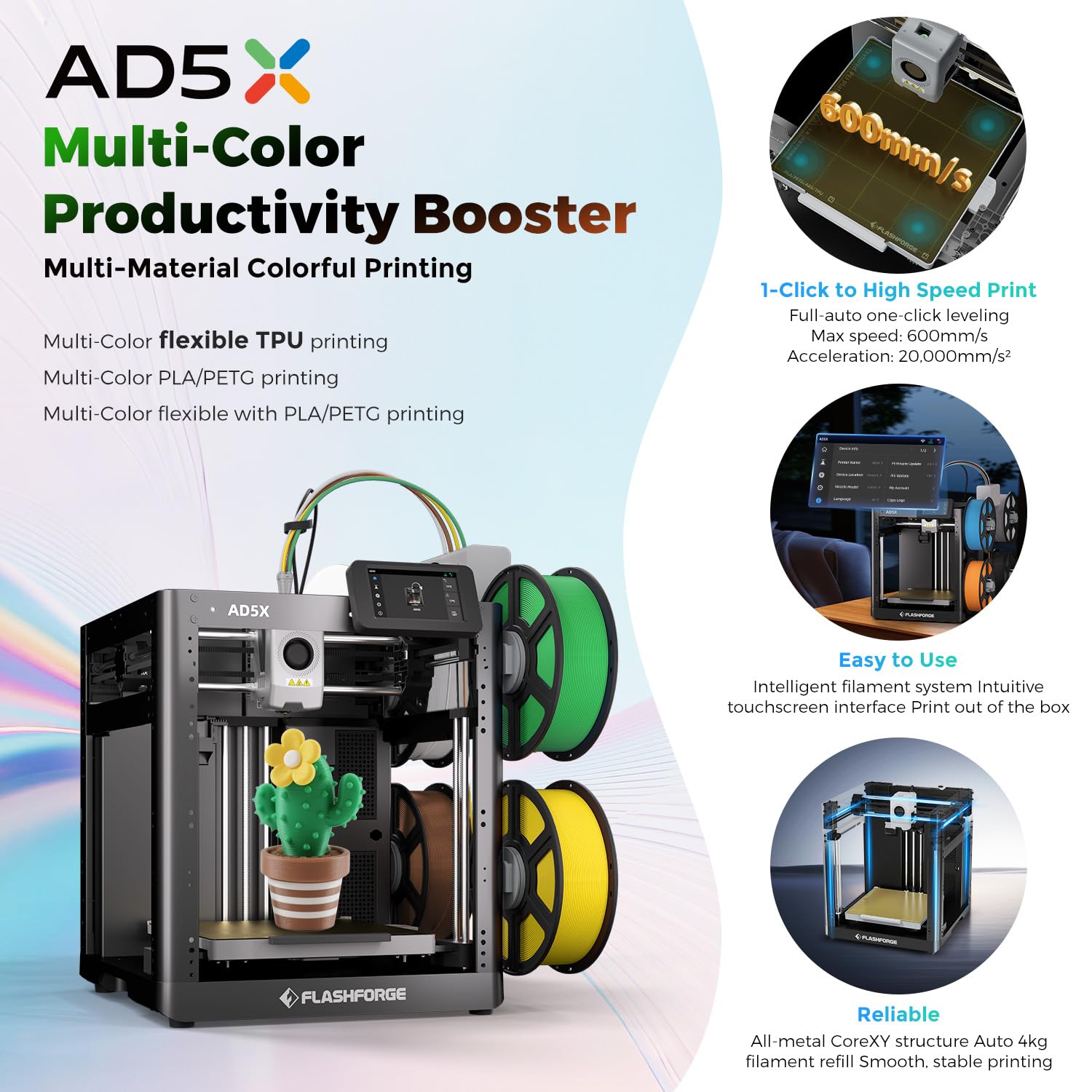 FLASHFORGE 3D Printer AD5M Pro with 250g PLA, 600mm/s High Speed CoreXY High Precision Printing, 280℃ Quick-Swap 0.4 & 0.6mm Hotend, 50dB Silence and Built-in Camera, Build Volume 220 * 220 * 220mm
