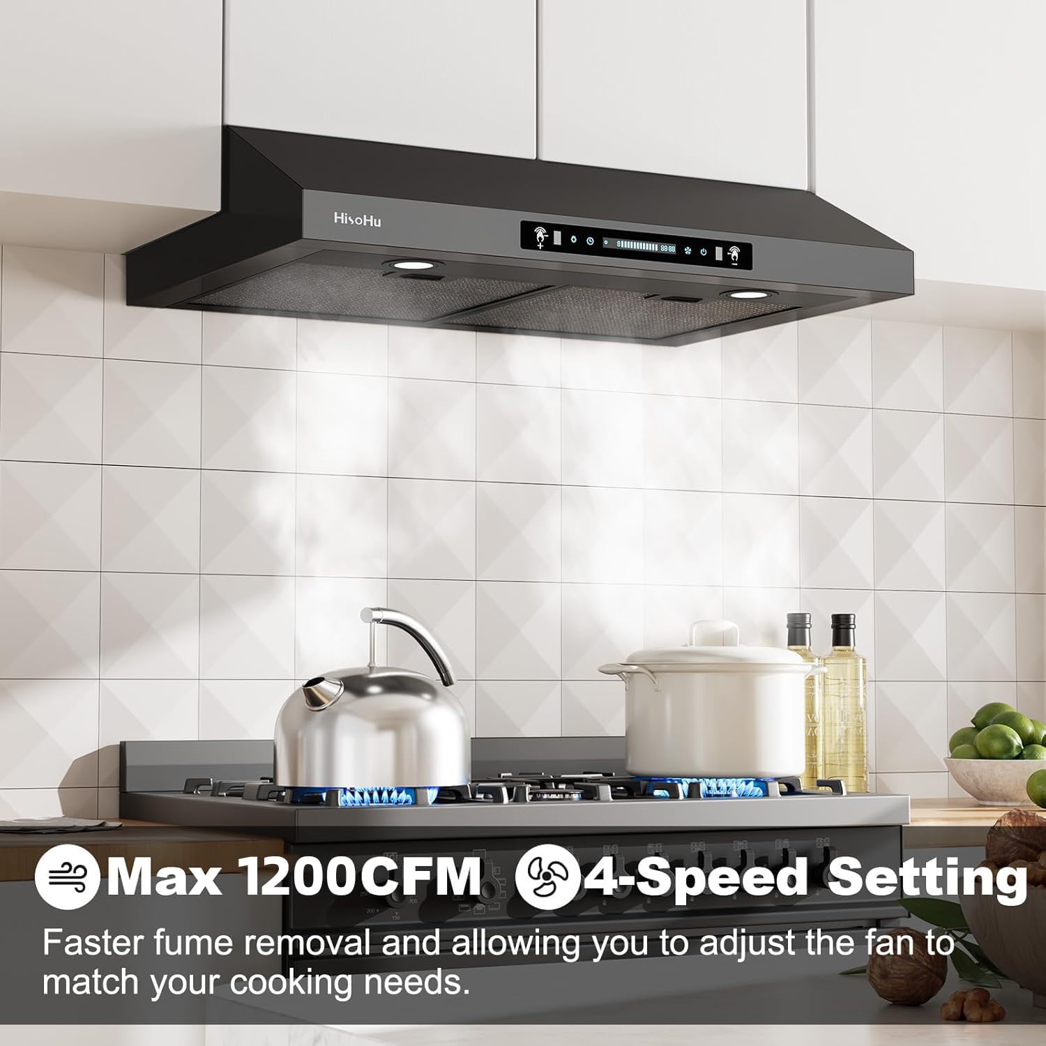 HisoHu 30 Inch Under Ducted Cabinet Range Hood with 1200 CFM, 4 Speed Gesture Sensing Kitchen Exhaust Hood & Touch Control Panel, Stainless Steel Stove Vent Hood with 2 LED Lights