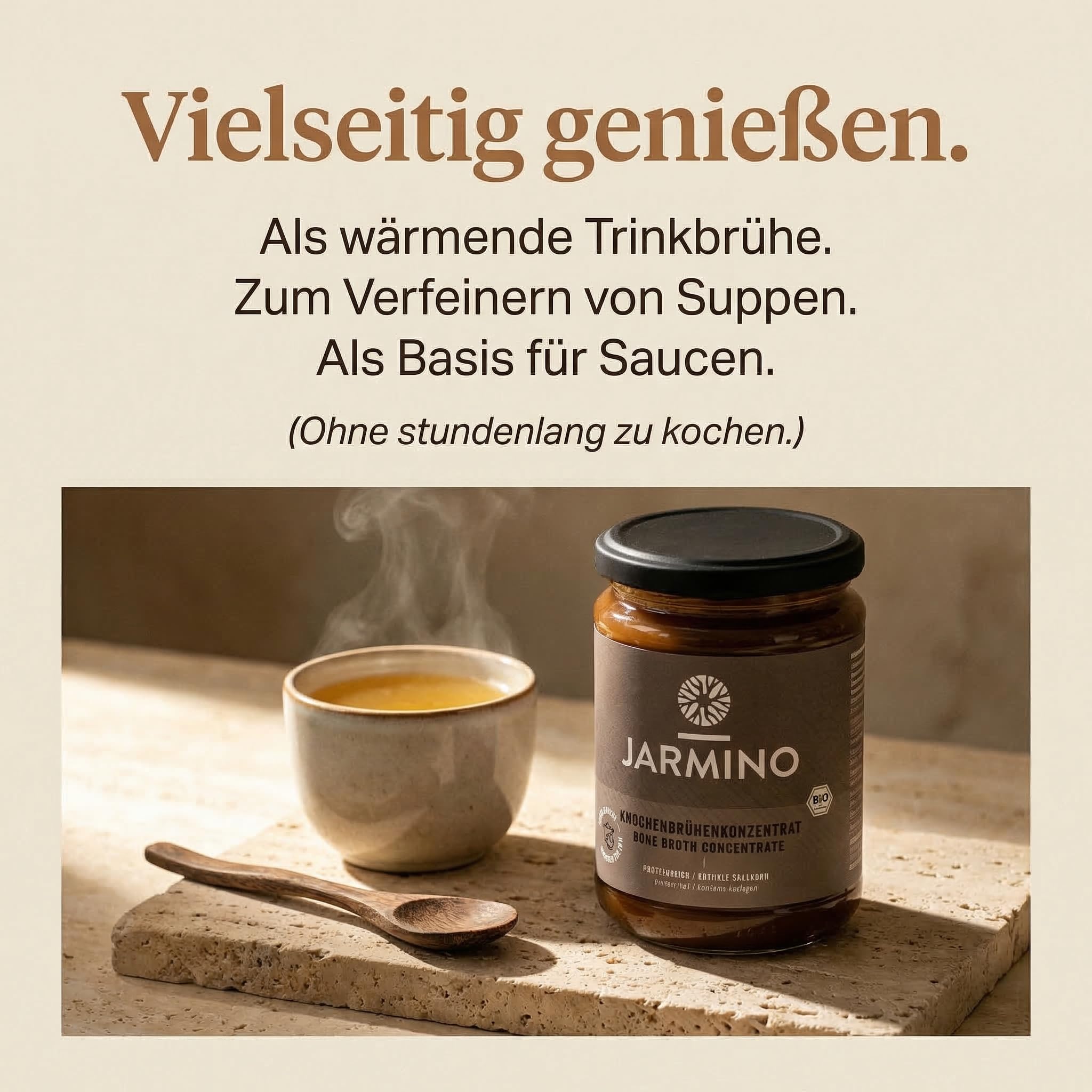 JARMINO Bio Rinderknochenbrühe Konzentrat, Grasgefütterte Brühe für Menschen, Flüssige Knochenbrühe mit Kollagenprotein, Keto, Paleo & AIP geeignet, Rinderbrühe, 440 g, 44 Portionen