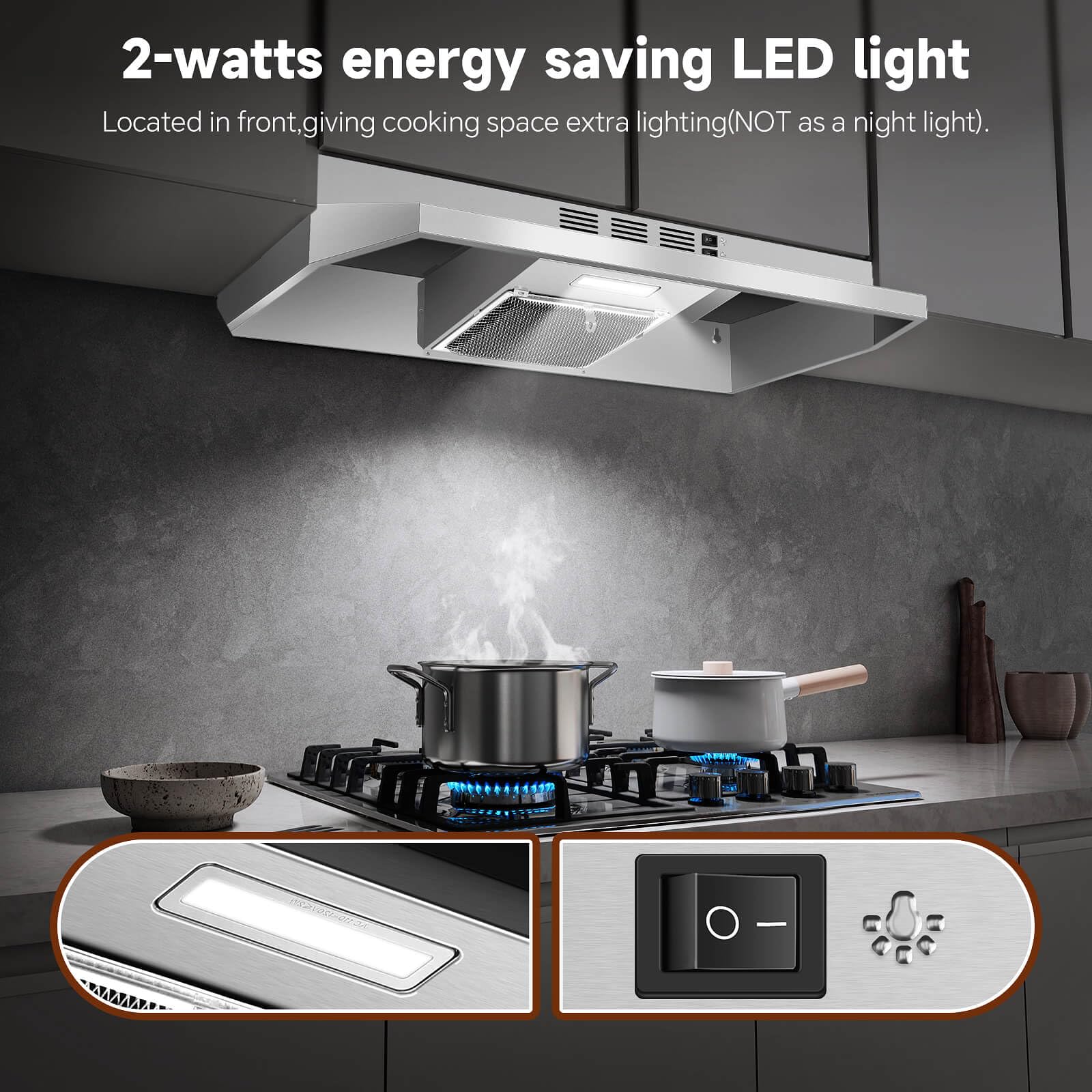 SNDOAS Range Hood 30 inch Under Cabinet, Ducted/Ductless Convertible Kitchen Hood, Stainless Steel Vent Hood with LED Light,Under Cabinet Hood with 2 Speed Exhaust Fan,Black