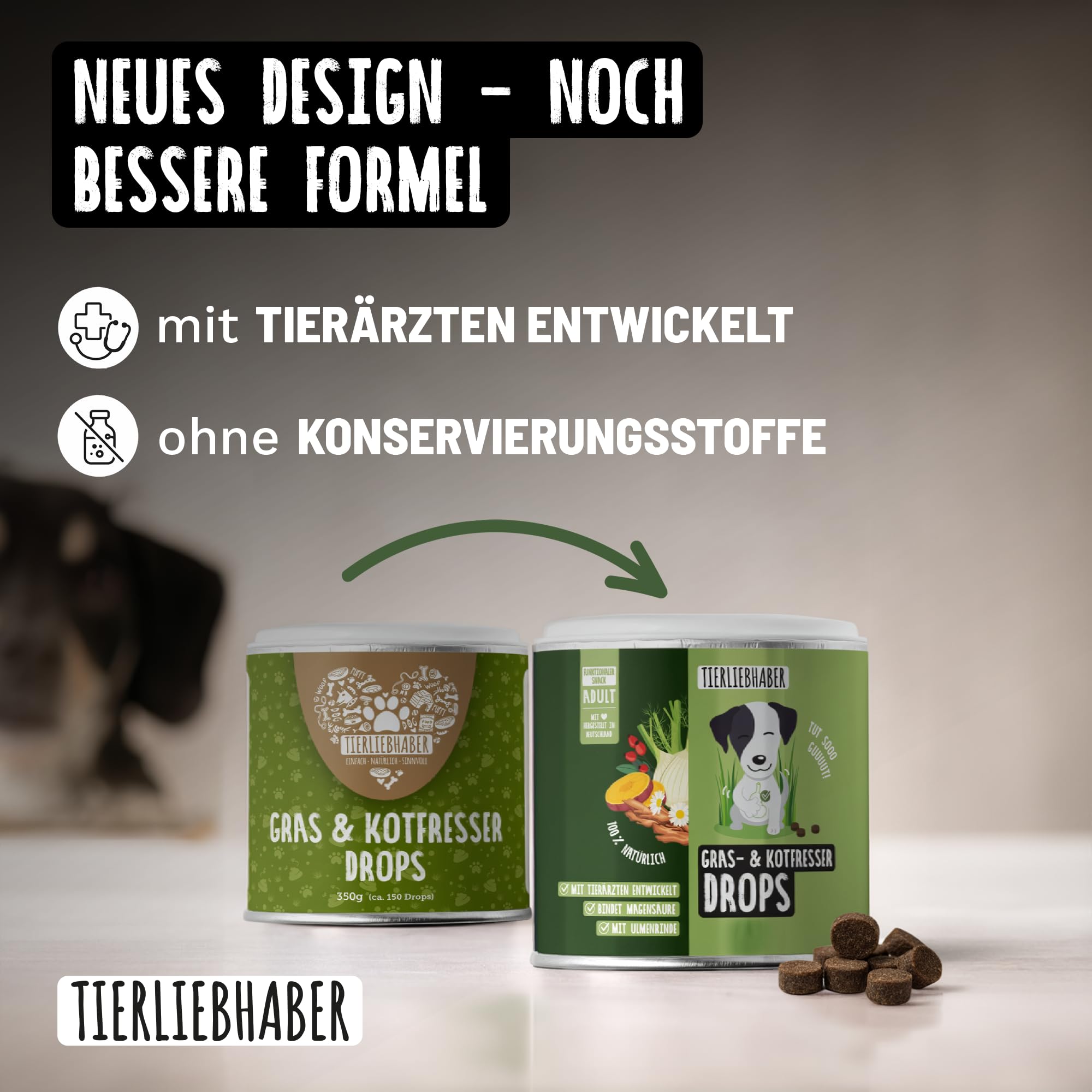 TIERLIEBHABER – Gras- & Kotfresser Drops bei Sodbrennen Hund mit Ulmenrinde für Hunde – Tierärztlich entwickelt – Hund Sodbrennen Drops angereichert mit Moor und Fenchel – 350 g mit ca. 160 Drops