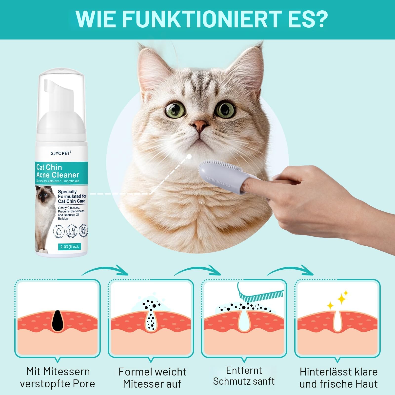 Katzenkinn-Akne-Reiniger - Mitesser- und Pickelentferner ohne Ausspülen mit Bürste, sanfte Pflegeformel für empfindliche Katzenhaut, Öl- und Schmutzkontrolle