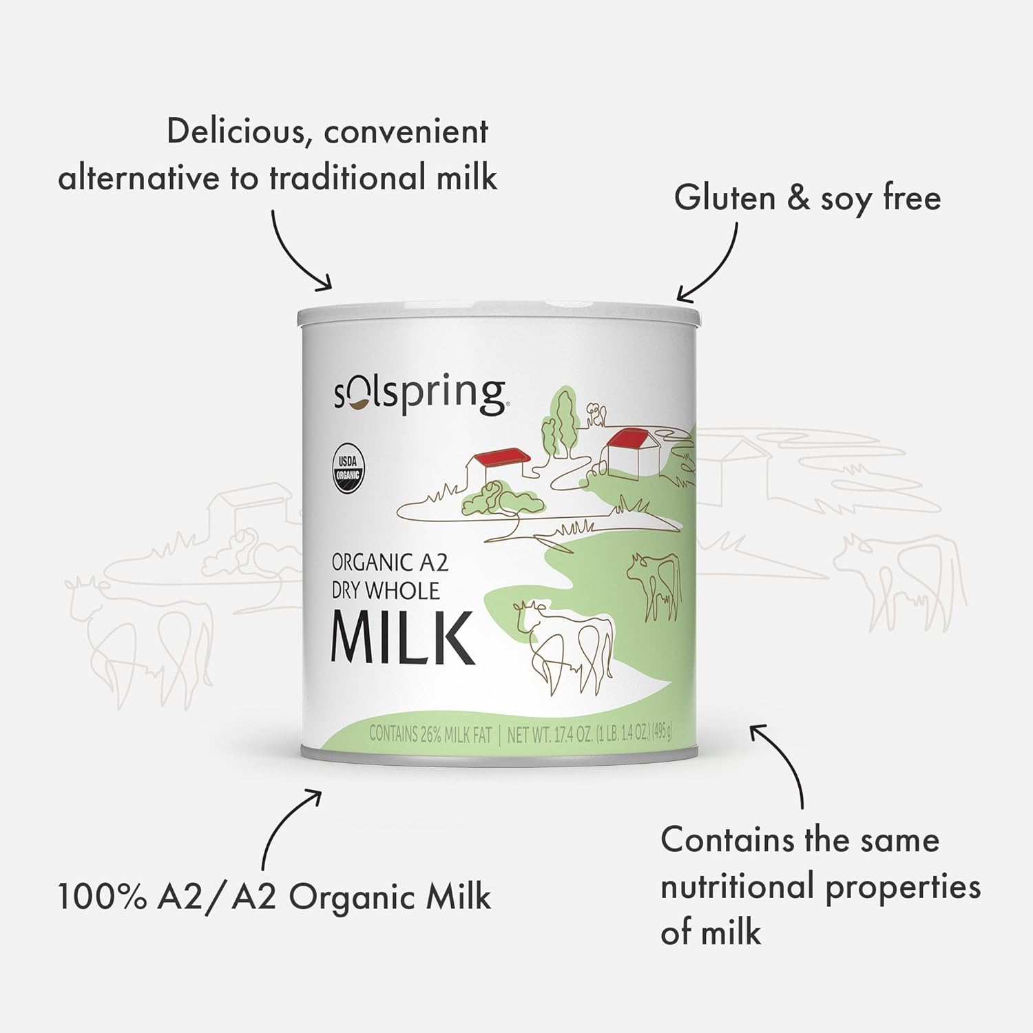 Dr. Mercola Solspring Organic A2 Dry Whole Milk - Powdered Milk with A2 Beta-Casein for Less Digestive Discomfort - Organic, Gluten-Free & Soy-Free - Original Flavor - 17.4 oz (15 Servings)