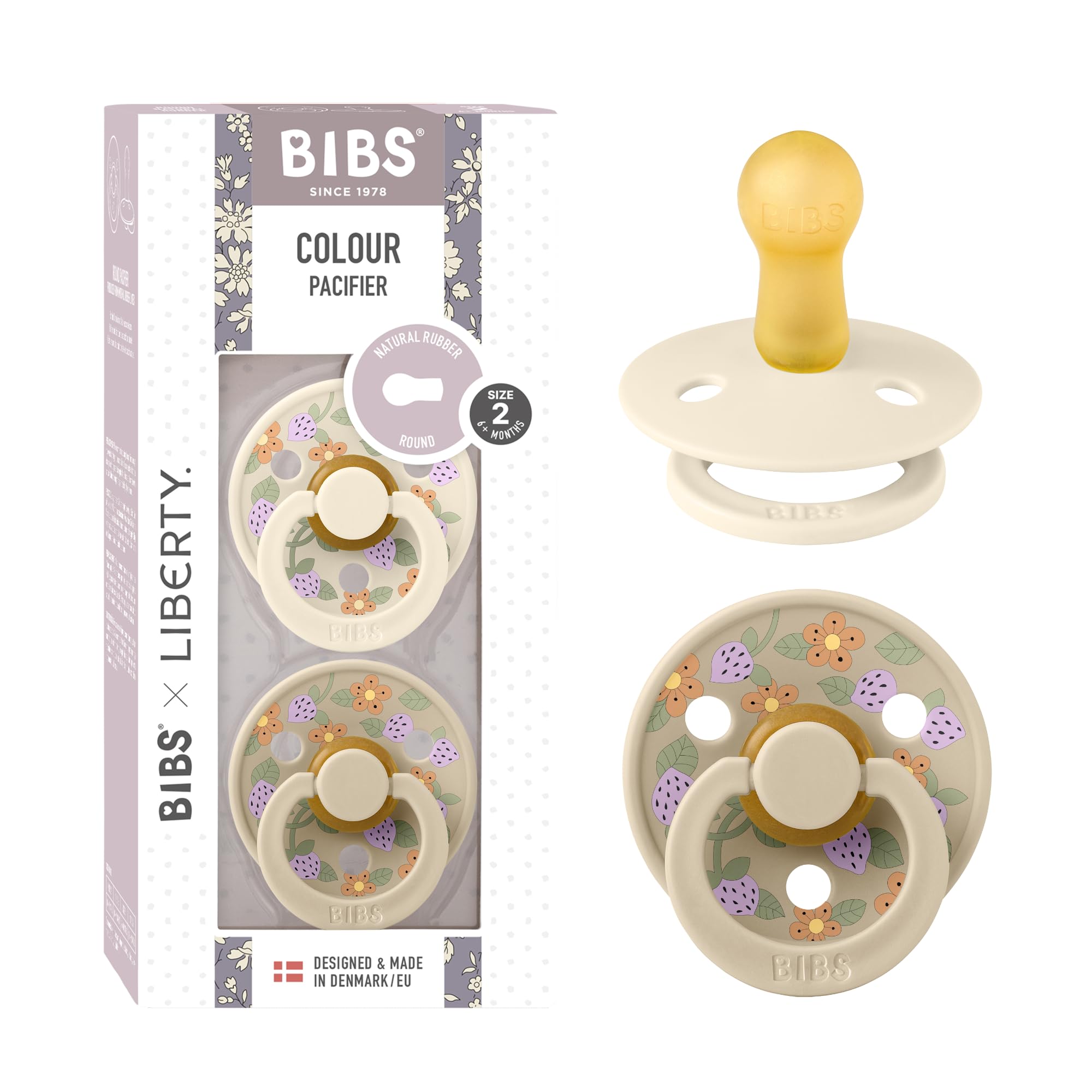 BIBS Colour Liberty Schnuller 2er-Pack, BPA-frei, Kirschform Nippel. Naturkautschuk/Latex, Hergestellt in Dänemark, Größe 2 (6-18 Monate), Chamomile Lawn Violet Sky