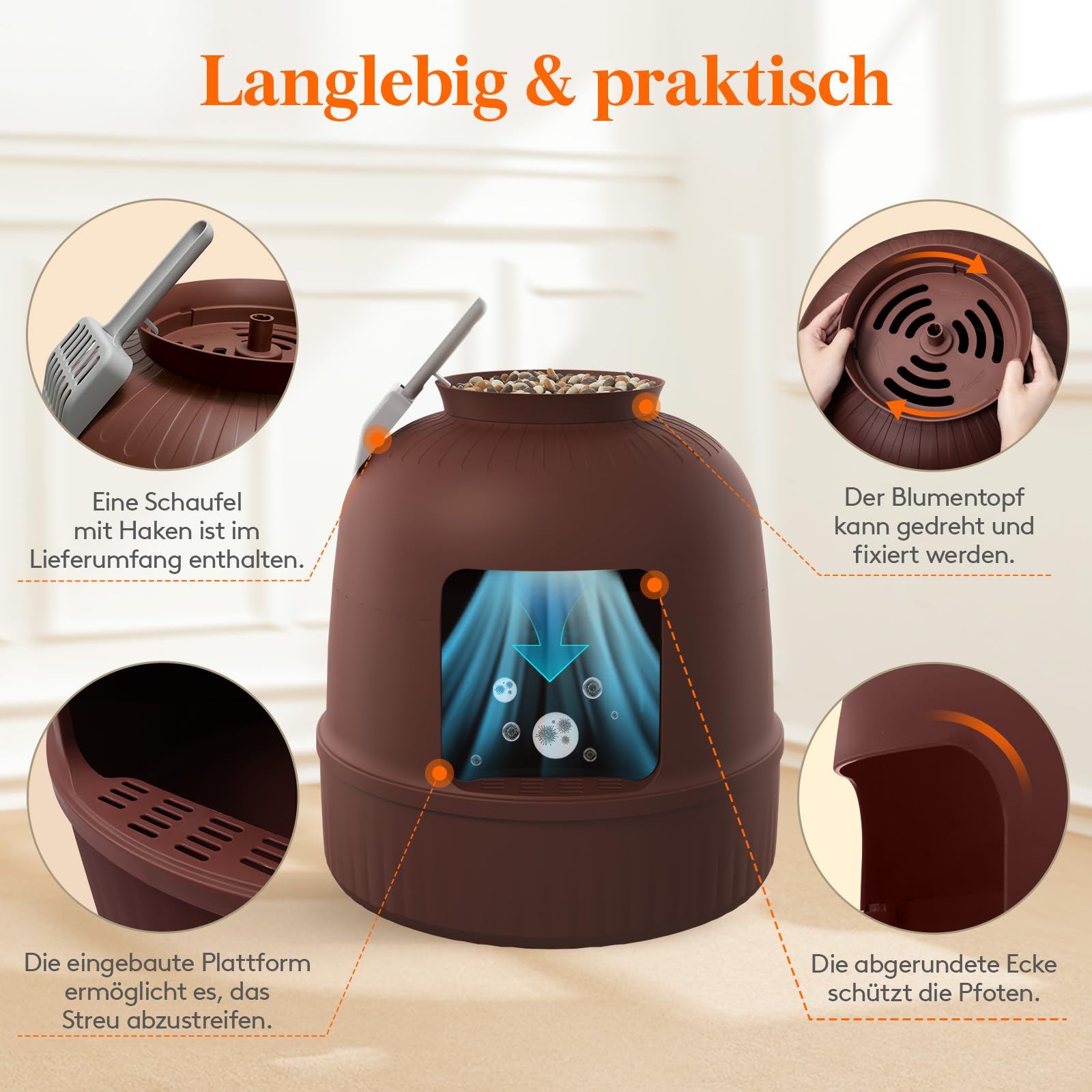 Lifewit Katzenklo Blumentopf mit Pflanze & Schaufel, Katzenklo Versteckt, Katzentoilette XXL mit Geruchskontrolle & Kohlefilter, Wohnzimmer, Schlafzimmer, Ecke, Weiß