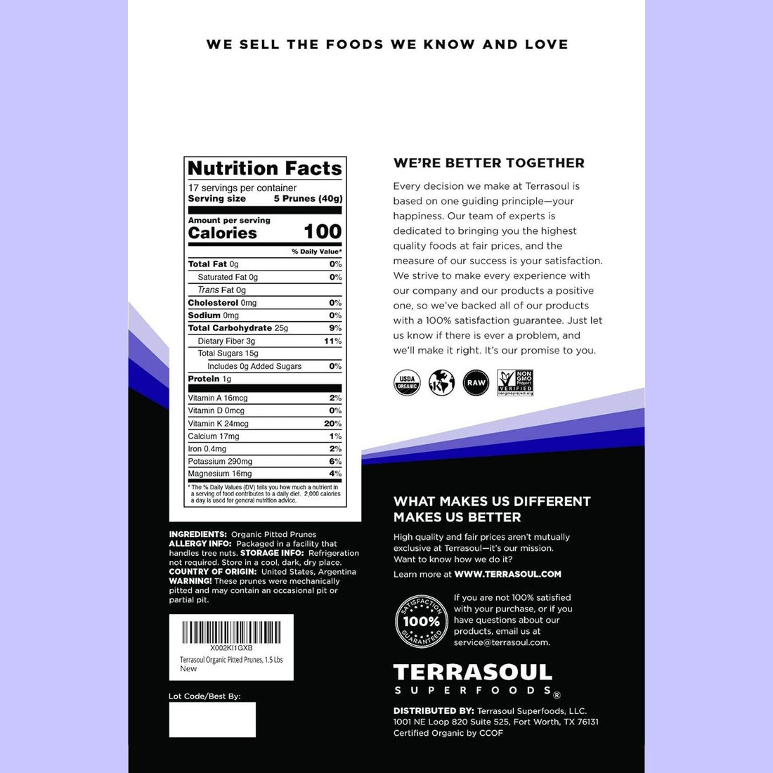 Terrasoul Superfoods Organic Dried Pitted Prunes, 1.5 Lbs - Fiber | Vitamin K | Preservative Free