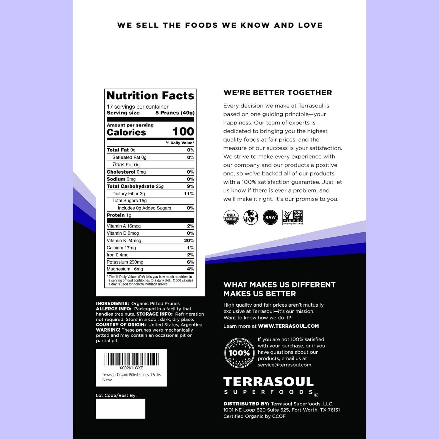 Terrasoul Superfoods Organic Dried Pitted Prunes, 1.5 Lbs - Fiber | Vitamin K | Preservative Free