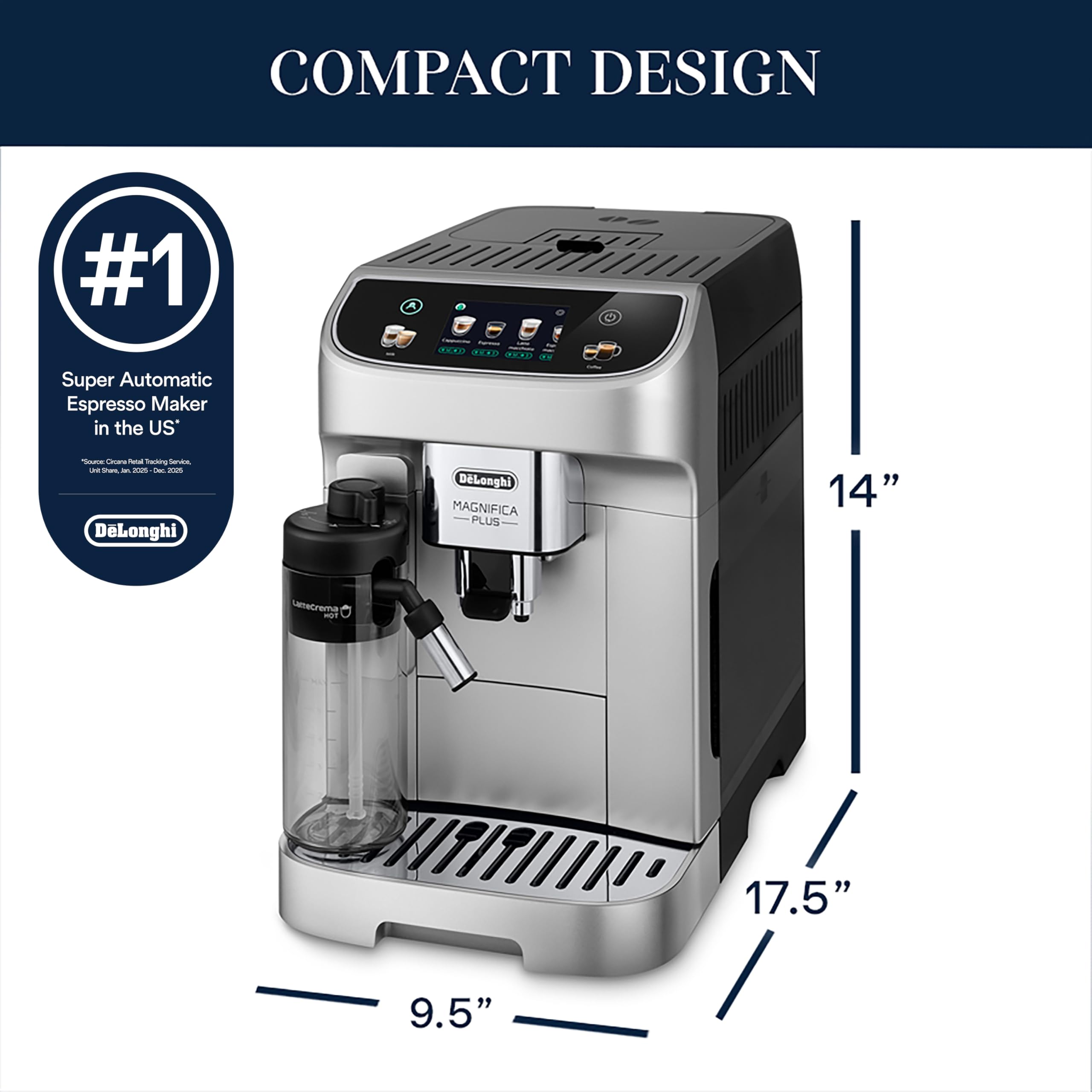 De'Longhi Magnifica Evo Automatic Espresso & Coffee Machine with Auto Milk Frother, Built-in Grinder & Auto-Clean Function - For Latte, Cappuccino, Americano, Iced Coffee, ECAM29084SB , Silver