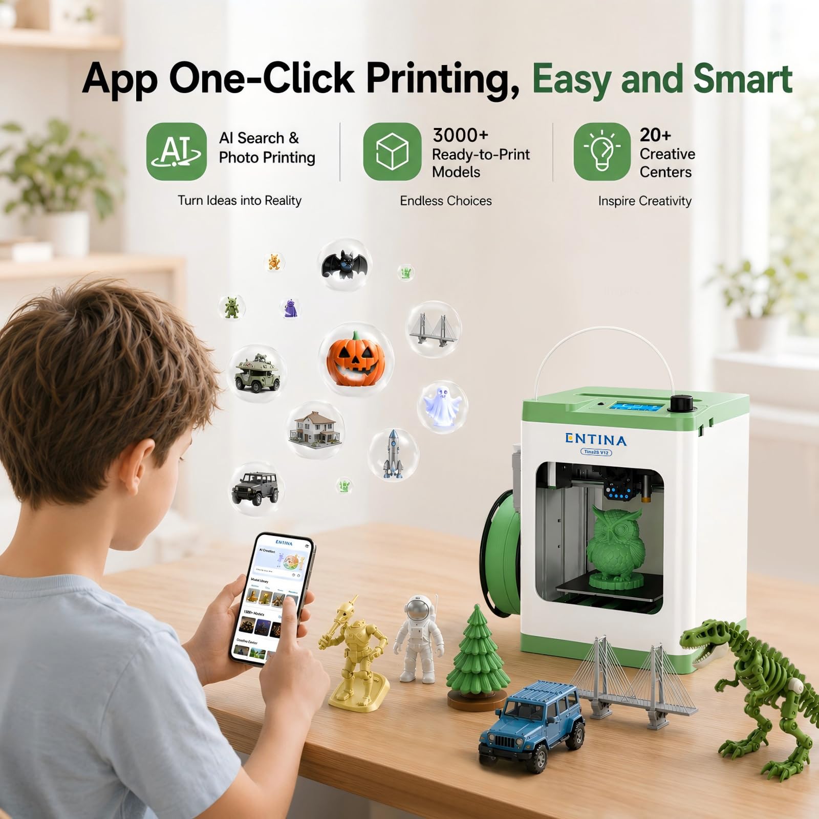 Entina Tina2C 3D Printer for Kids & Beginners, Fully Assembled Starter Mini 3D Printer, Start in 8 Mins, App & WiFi Control, Auto Leveling, 3000+ Model Library, 20+ Creative DIY Modules for STEM, Home