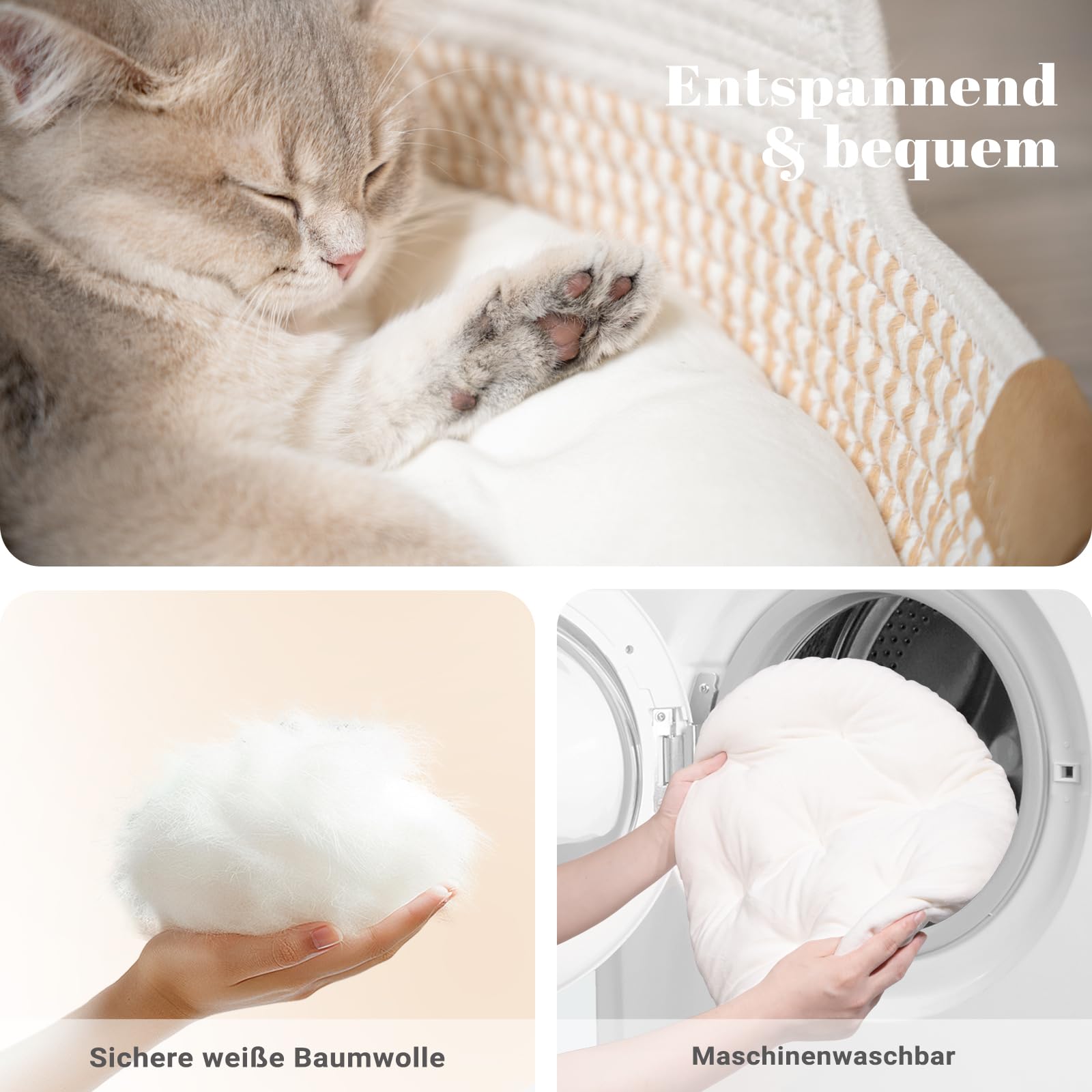CheerPals Katzenbett mit Kissen, 47cm Waschbar Katzenkorb aus Baumwollseilen geflochten, zum Schlafen für Alle Katze, All Season Universal
