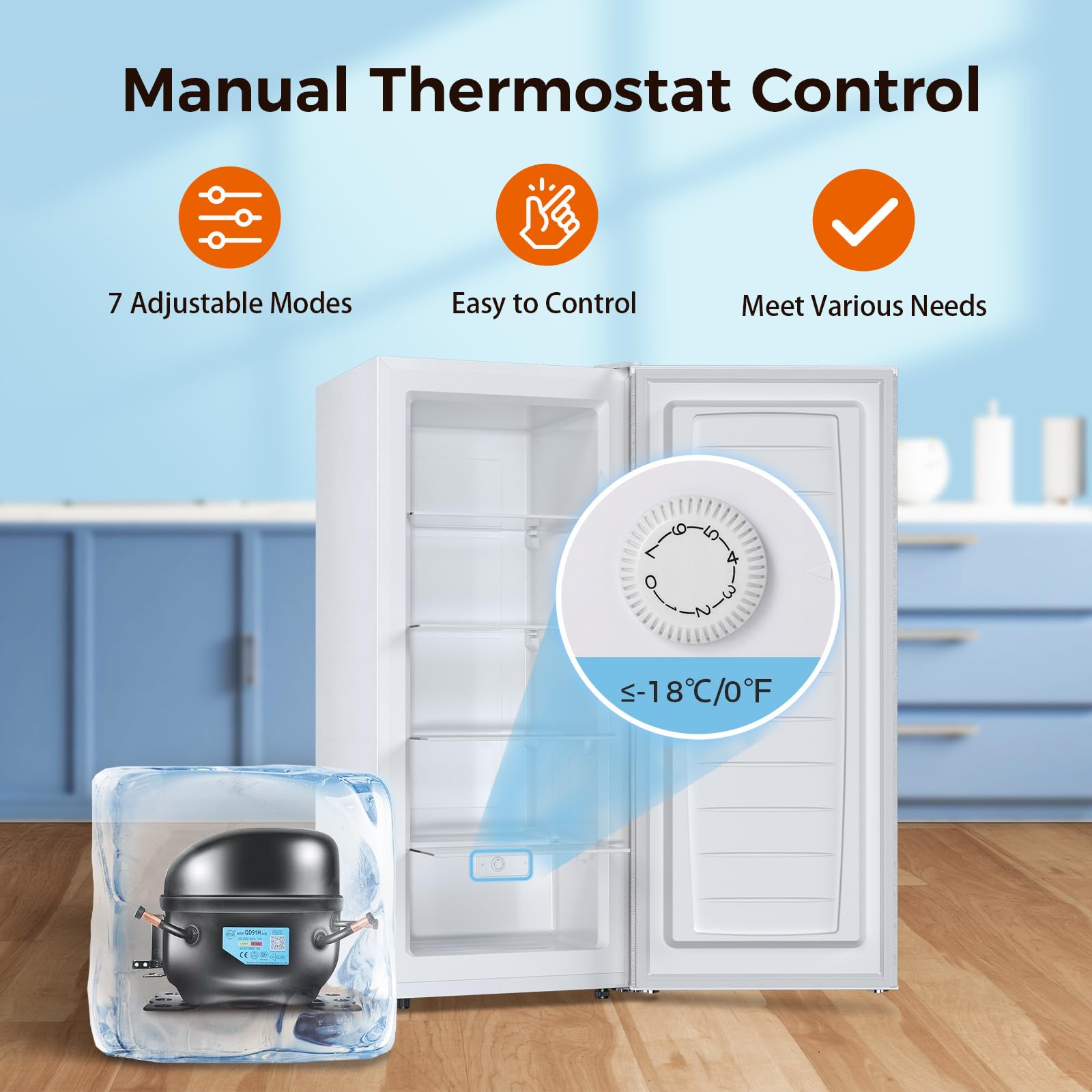 Kismile Small Freezer Upright, 3.0 Cu.ft Mini Freezer with Adjustable Thermostat, Removable Shelves, Reversible Single Door, Stand Up Freezer for Bedroom/Home/Dorms/Apartment (Stainless Steel)