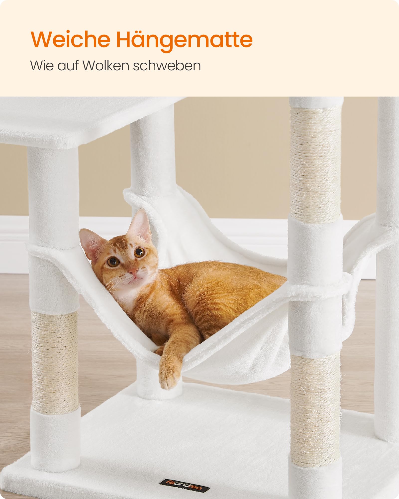 Feandrea Kratzbaum, 143 cm hoch, Katzenbaum, mehrstöckiges Katzenhaus, mit 4 Kratzsäulen, 2 Plattformen, Hängematte, Höhle, hellgrau PCT161W01
