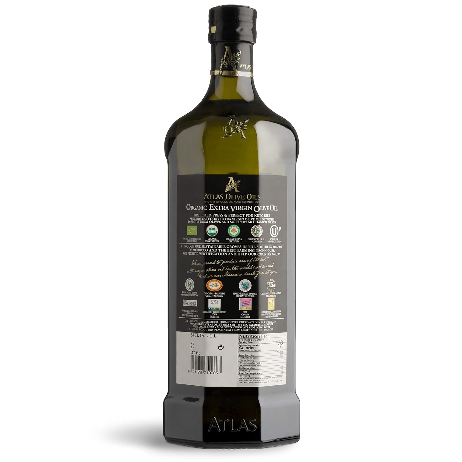 Atlas 1 LT Cold Press Extra Virgin Olive Oil with Polyphenols from Morocco | Newly Harvested Unprocessed from a Single Family Farm | Moroccan Organic EVOO Trusted by Award-Winning Chefs