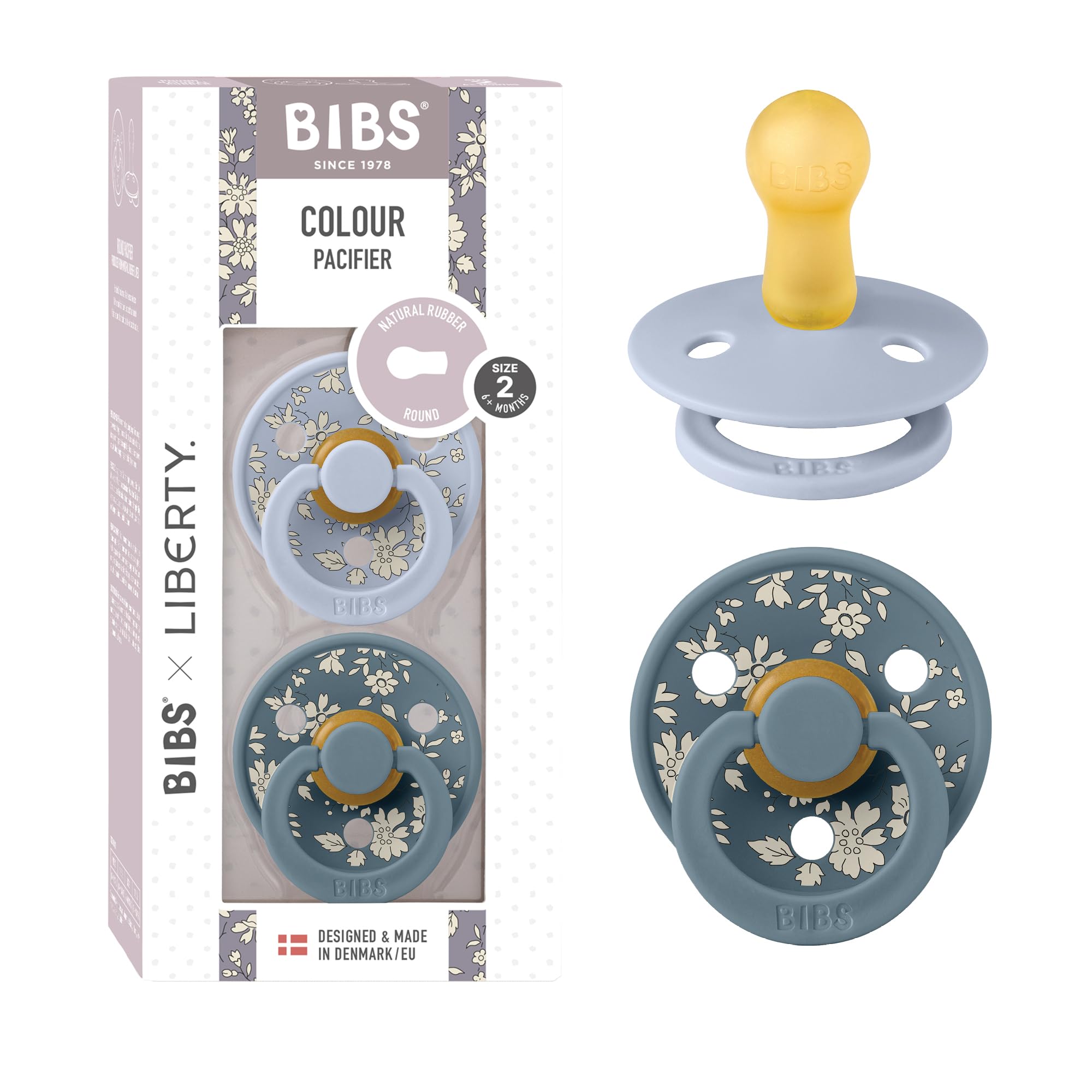 BIBS Colour Liberty Schnuller 2er-Pack, BPA-frei, Kirschform Nippel. Naturkautschuk/Latex, Hergestellt in Dänemark, Größe 2 (6-18 Monate), Chamomile Lawn Violet Sky