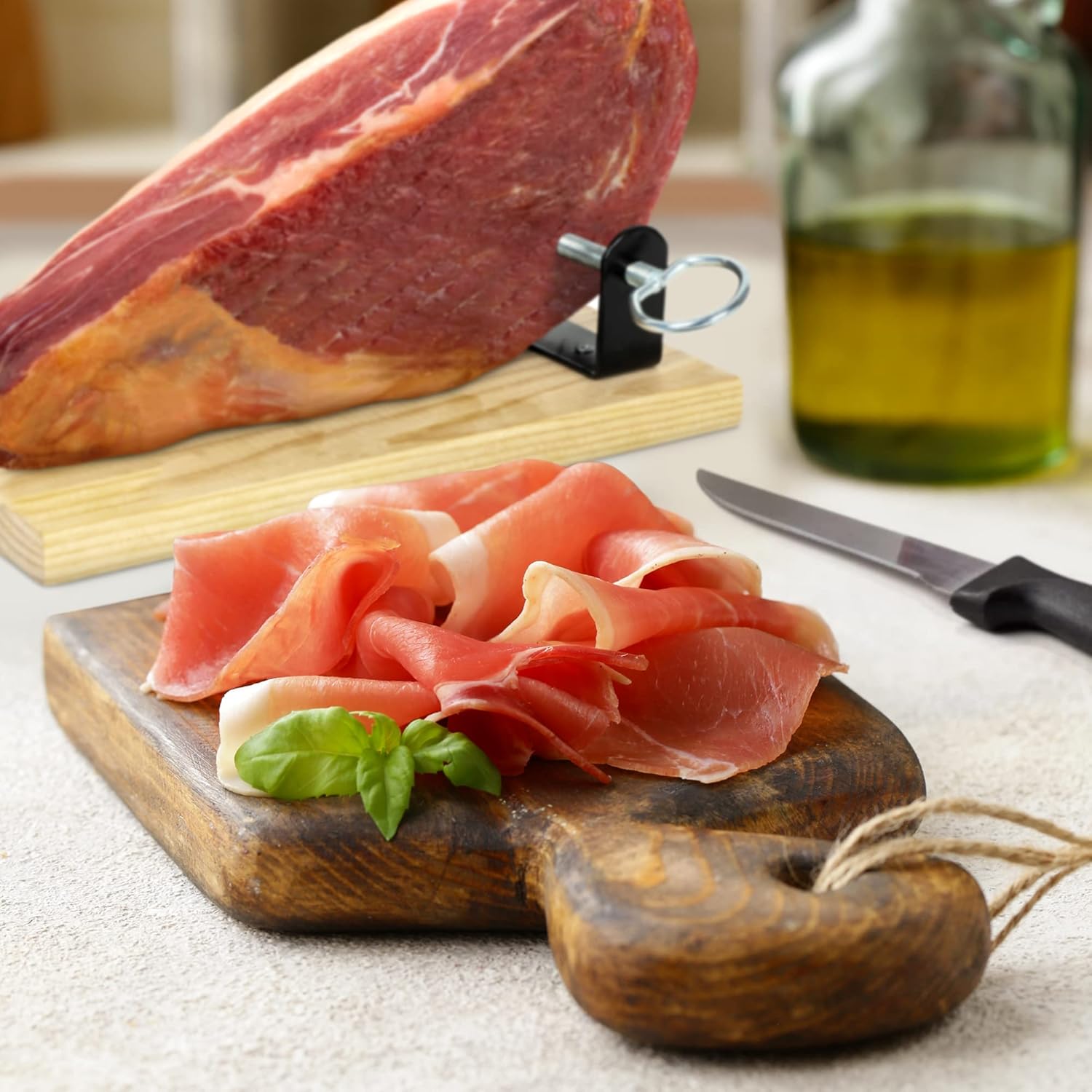 Serrano Schinken gereift ohne Knochen 1 Kg + Schinkenhalter & Schinkenmesser - Mini Spanischer Schinken Jamon Serrano