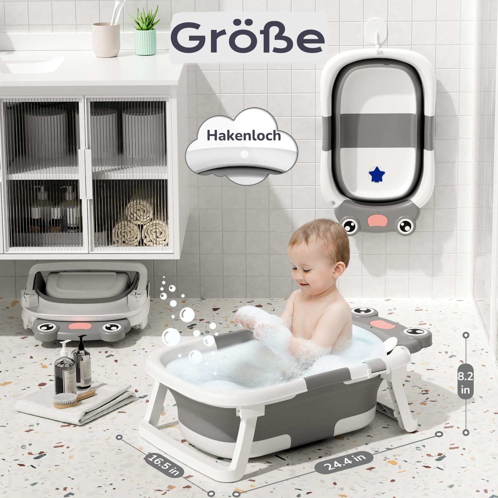 COOSEYA Baby Badewanne für 0-18 Monate, Faltbare Babywanne mit Babybadewanne Stützkissen, Portable Baby Bathtub als Wesentliche Artikel für Neugeborene und Kleinkind, Dinosaurier - Design (Grau)
