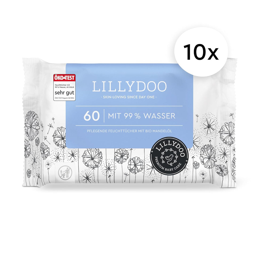 LILLYDOO Baby Feuchttücher mit 99% Wasser, 600 Stück (10 x 60), 100% plastikfreies Tuch, ohne Parfüme & mild wie Watte und Wasser