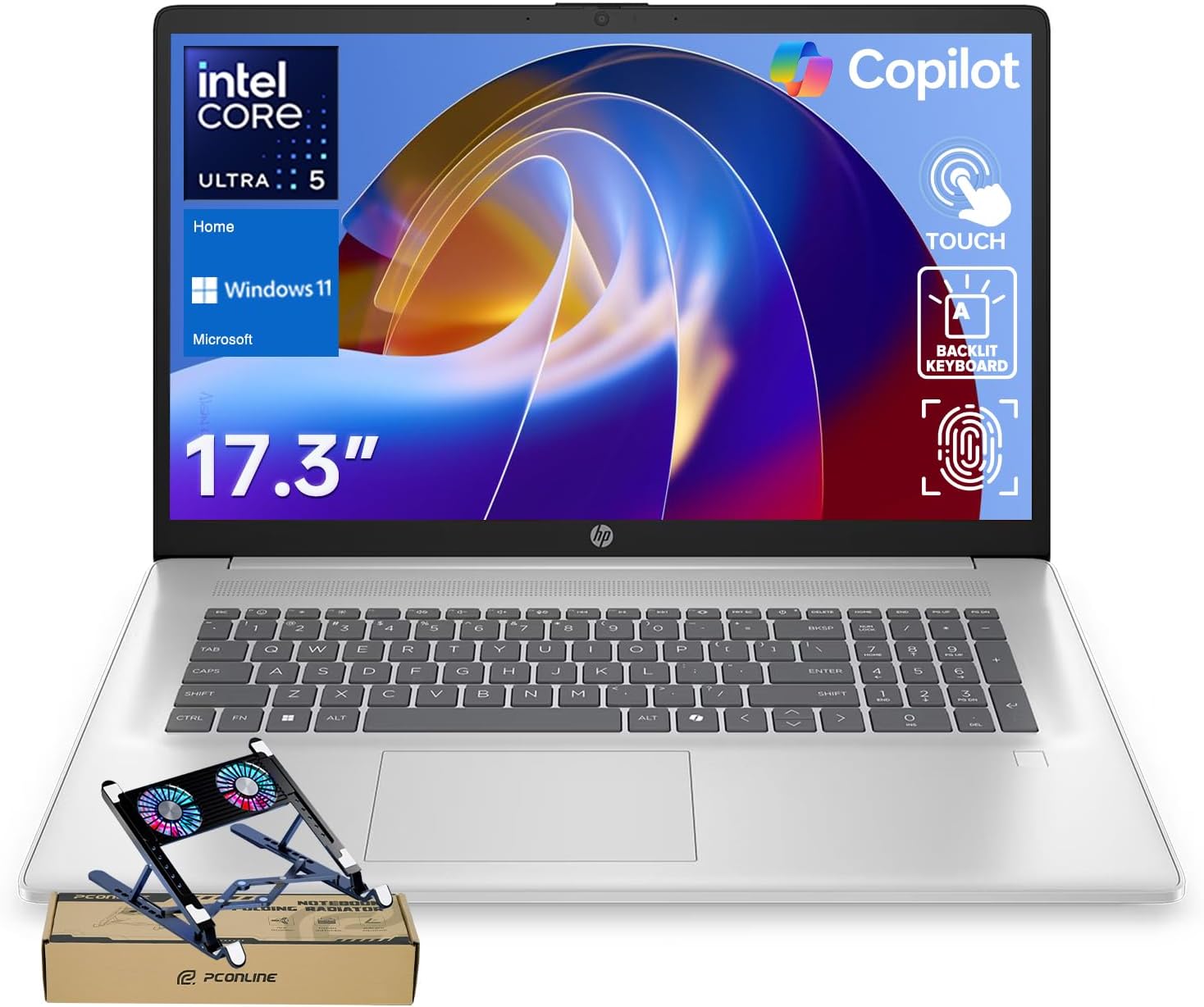 HP 17.3" Touchscreen Business Copilot AI Laptop PC, Intel Ultra 5 225U, 16GB DDR5 RAM, 1TB SSD, Wi-Fi 6, Win11 Home, Backlit Keyboard, Webcam Shutter, Fingerprint Reader, Bundle with PCO Laptop Cooler