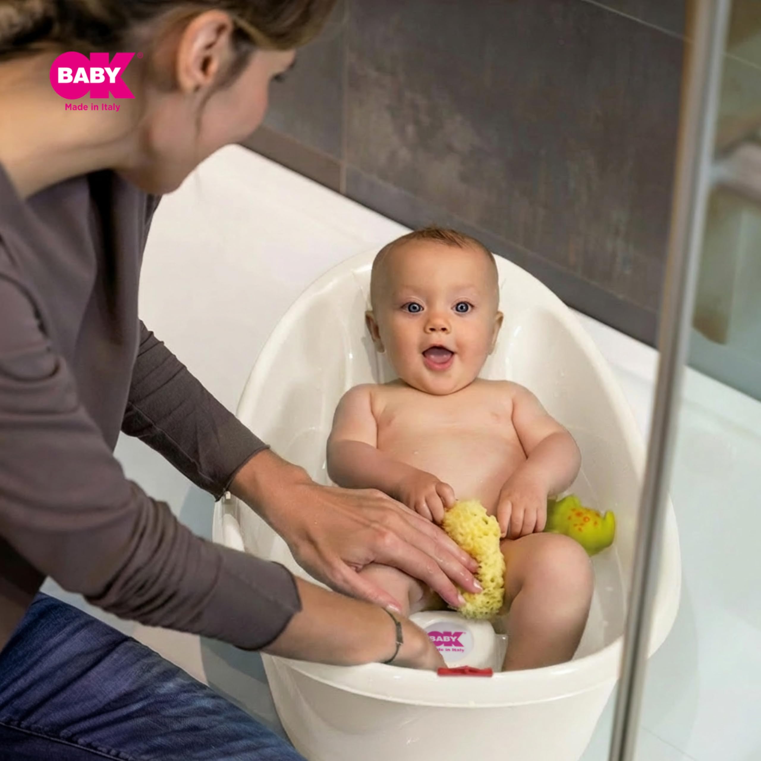 Onda Baby-Badewanne - Rutschsichere Basis, mit eingebautem digitalen Flüssigkristall-Thermometer - Rückenstütze für zusätzlichen Komfort - Passt in die Badewanne oder die ebenerdige - Weiss