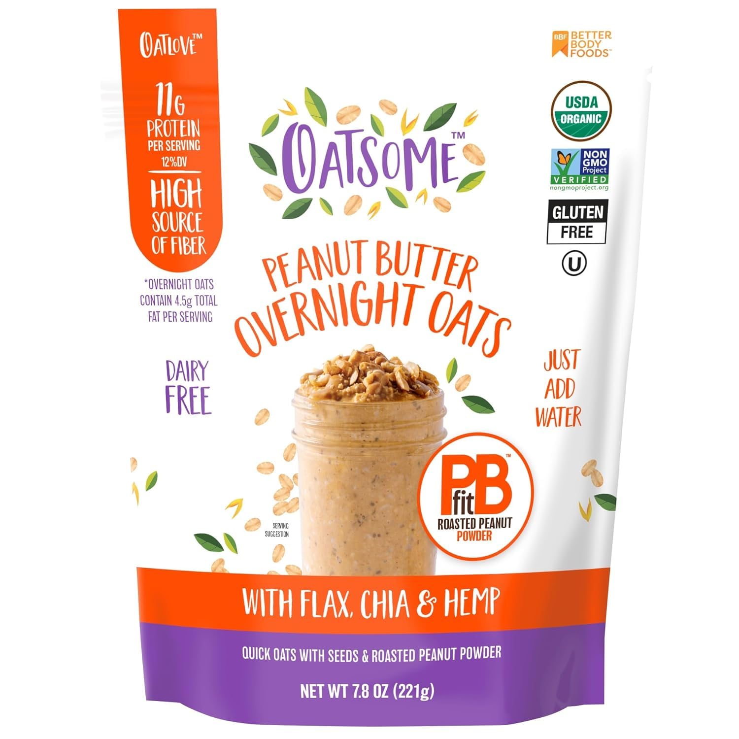 Oatsome Organic Overnight Oats with Chia, Flax, & Hemp, Gluten-Free Oatmeal with 7g of Protein, 2 lb 8 oz (40oz) Bag