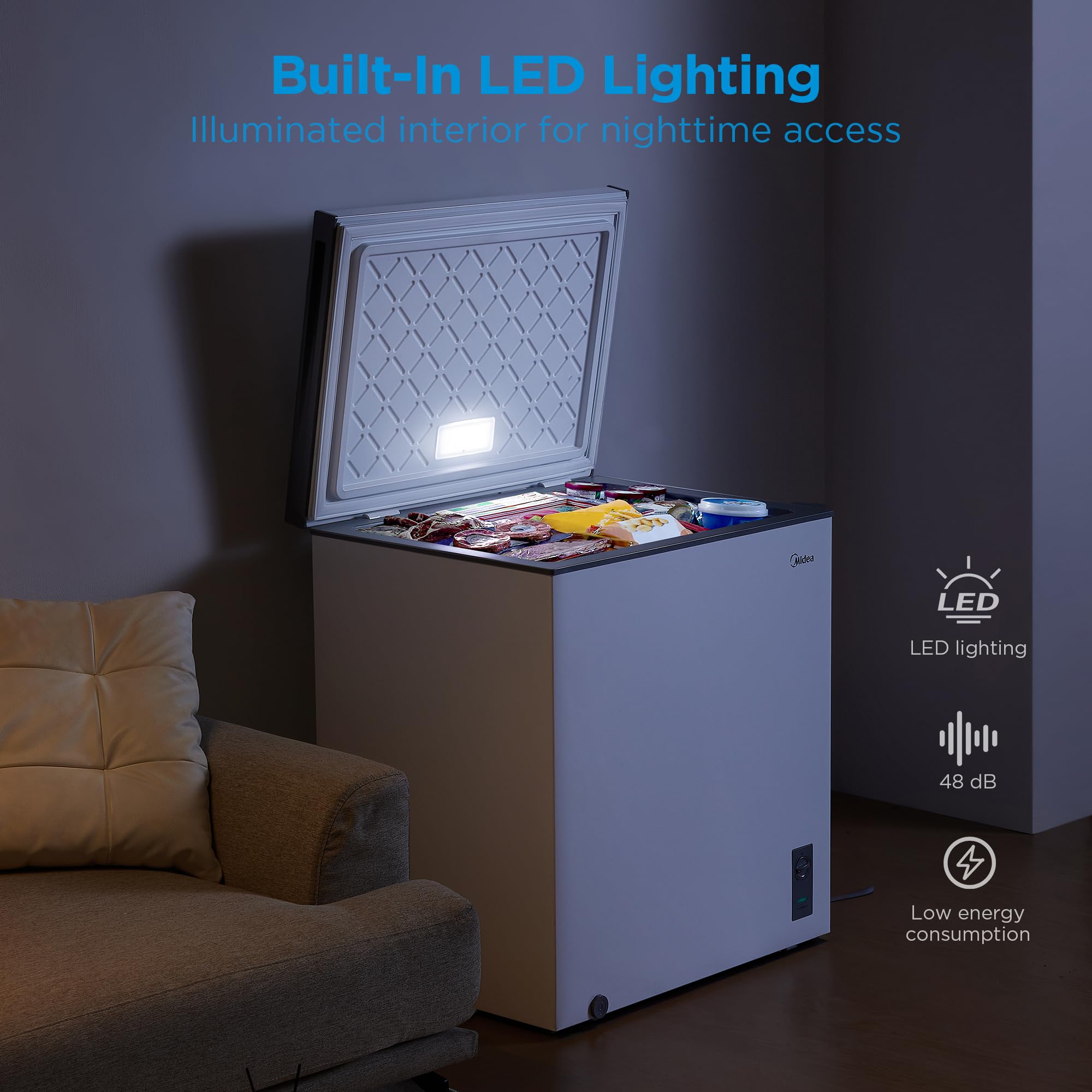 Midea MERC04C4BAWW Chest Freezer, 3.5 Cubic Feet Freezer With Removable Basket, Interior LED Light, Adjustable Temperature, For Kitchen Apartment Office, White