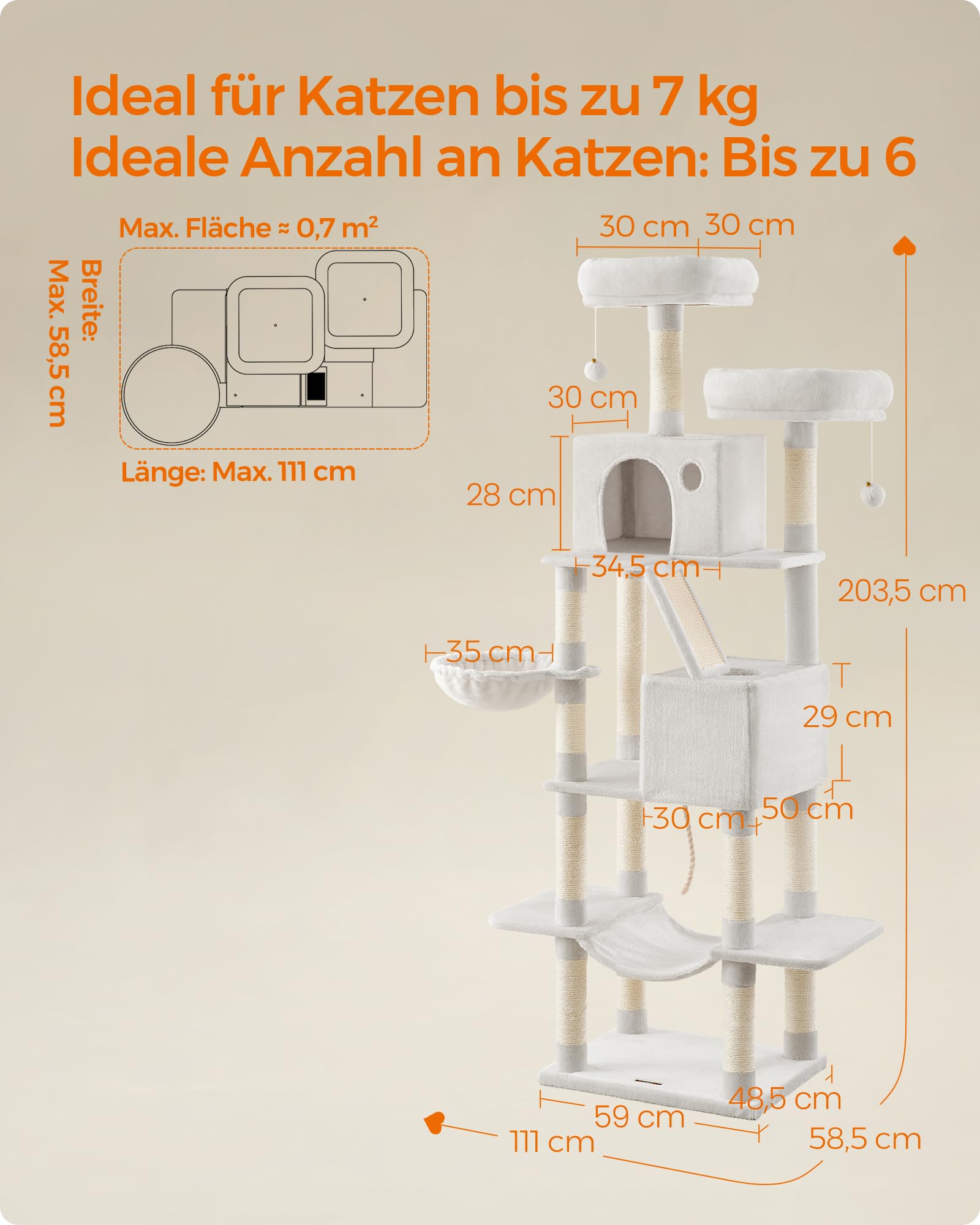 Feandrea Kratzbaum groß, 203,5 cm hoch, XXL Katzenbaum, mit 13 Kratzsäulen, 2 Plattformen, 2 Höhlen, Korb, Hängematte, Plüschbälle, mehrstöckiger Katzenkratzbaum, rauchgrau PCT190G01