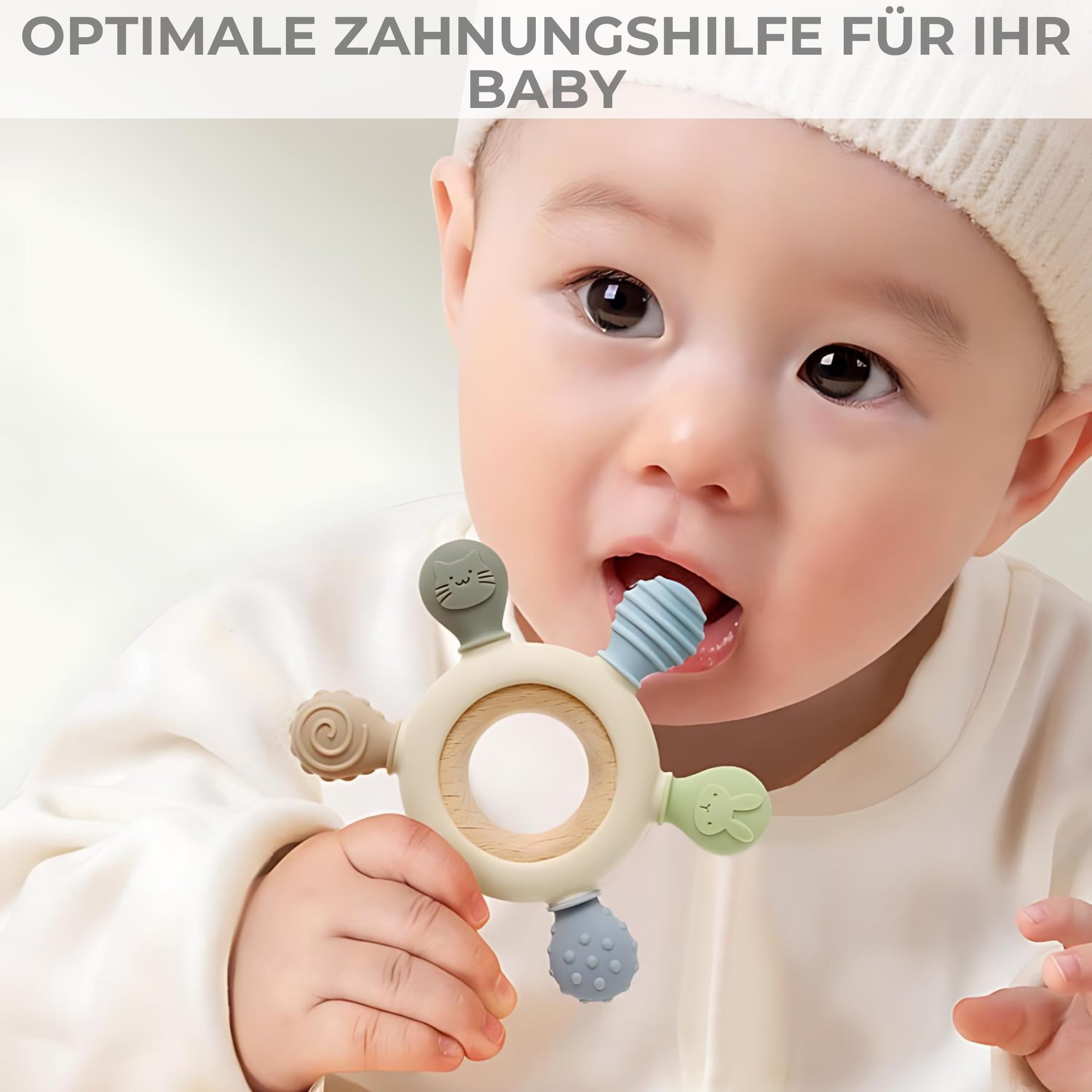 CAJA Beißring Baby BPA freie Zahnungshilfe und Beißspielzeug aus Silikon und Holz Greifring mit Tiermotiv Geschenkidee zur Geburt Sicheres Babyspielzeug für Jungen und Mädchen