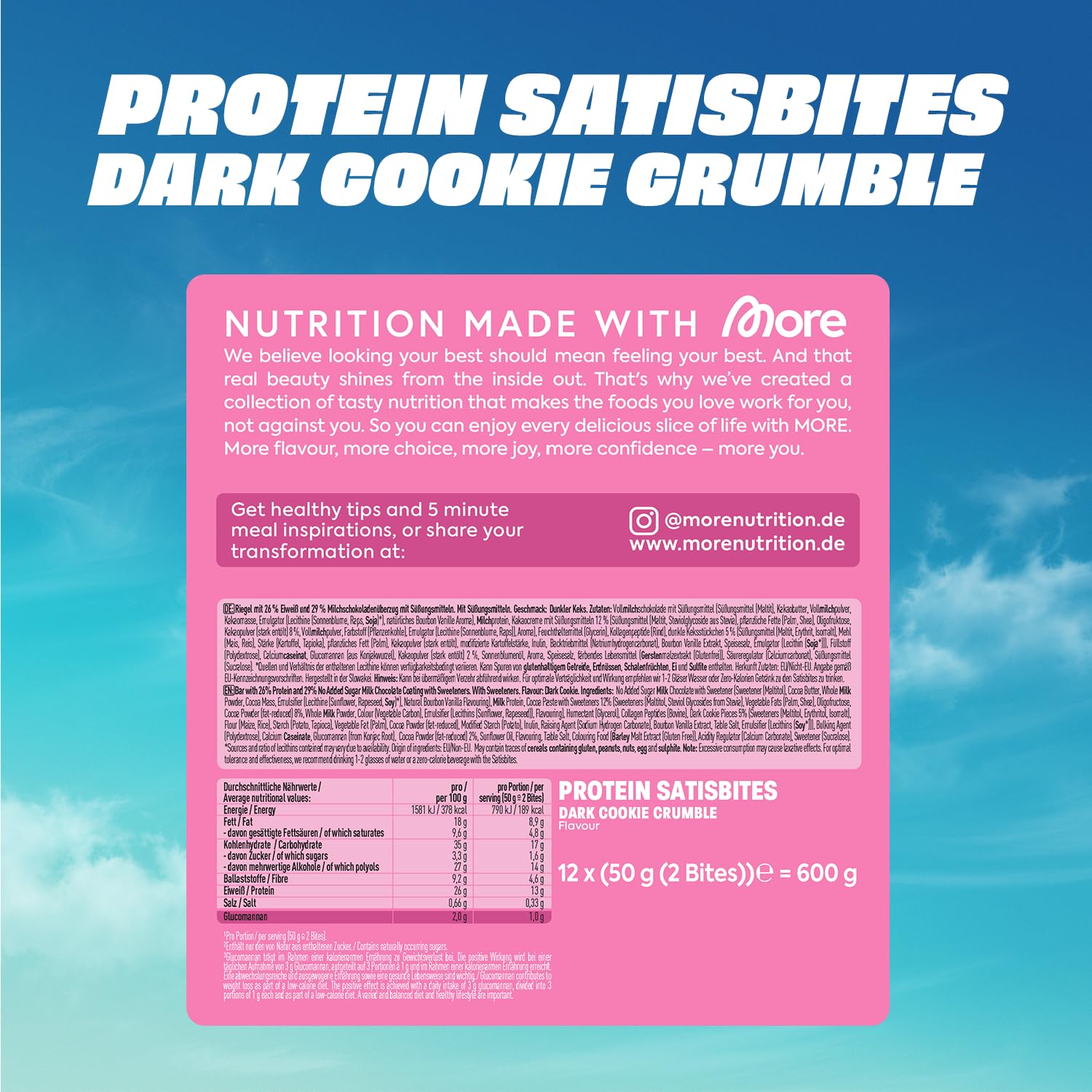 MORE Protein Satisbites, 12er Box Proteinriegel, 12 x 2 x 25 g, White Chocolate Strawberry Cream, bis zu 16 g Protein pro Portion, ohne Zuckerzusatz, made in Germany