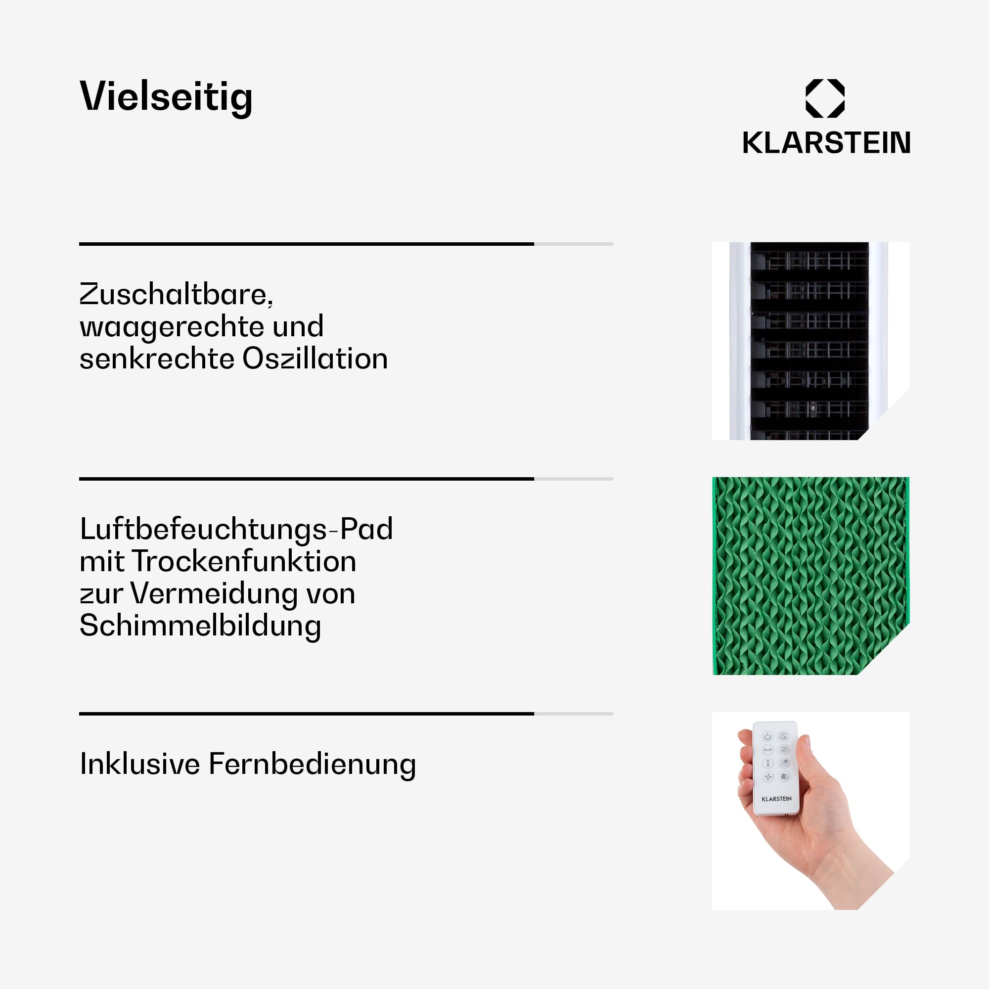 Klarstein Luftkühler mit Wasserkühlung, 5-in-1 Verdunstungskühler, Luftbefeuchter, Ventilator & Luftreiniger, Mobile Klimageräte Luftkühler mit App-Steuerung, 80W Air Cooler, 462m³/h Luftstrom