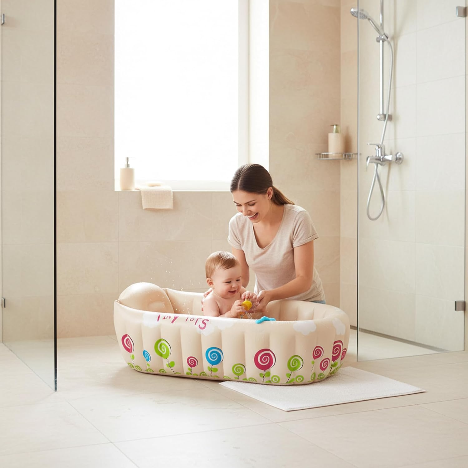 SunClub Baby Badewanne aufblasbar Planschbecken 91x61x29 cm Pool für Kinder mit Warnanzeige Thermometer faltbar für die Dusche oder unterwegs