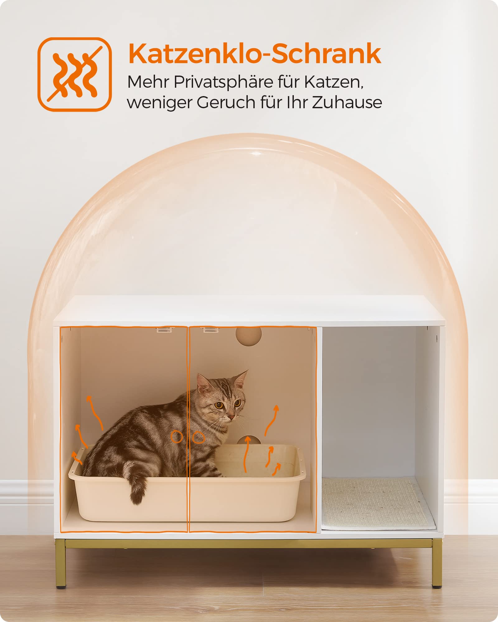 Feandrea Katzenklo-Schrank, Katzenhaus, Katzentoilette, mit Kratzmatte, hohe Beine, für Katzen, Beistelltisch, 80 x 50 x 55 cm, weiß-goldfarben PCL007W01