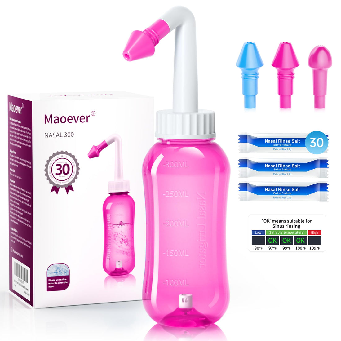 Nasendusche Set, Nasenspülkanne zur Nasenreinigung und Nasenspülung，BPA-frei, 300 ml, mit 30 Nasenwasch-Salzpaketen und Aufkleberthermometer