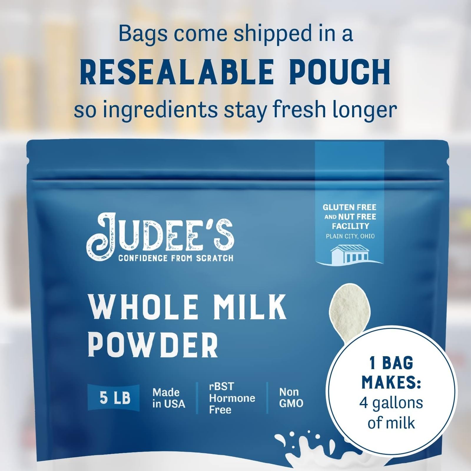 Judee's Gluten Free Whole Milk Powder - Versatile Powdered Milk for Baking - Shelf Stable Dry Mix for Long-Term Storage - 40 oz, Pack of 1
