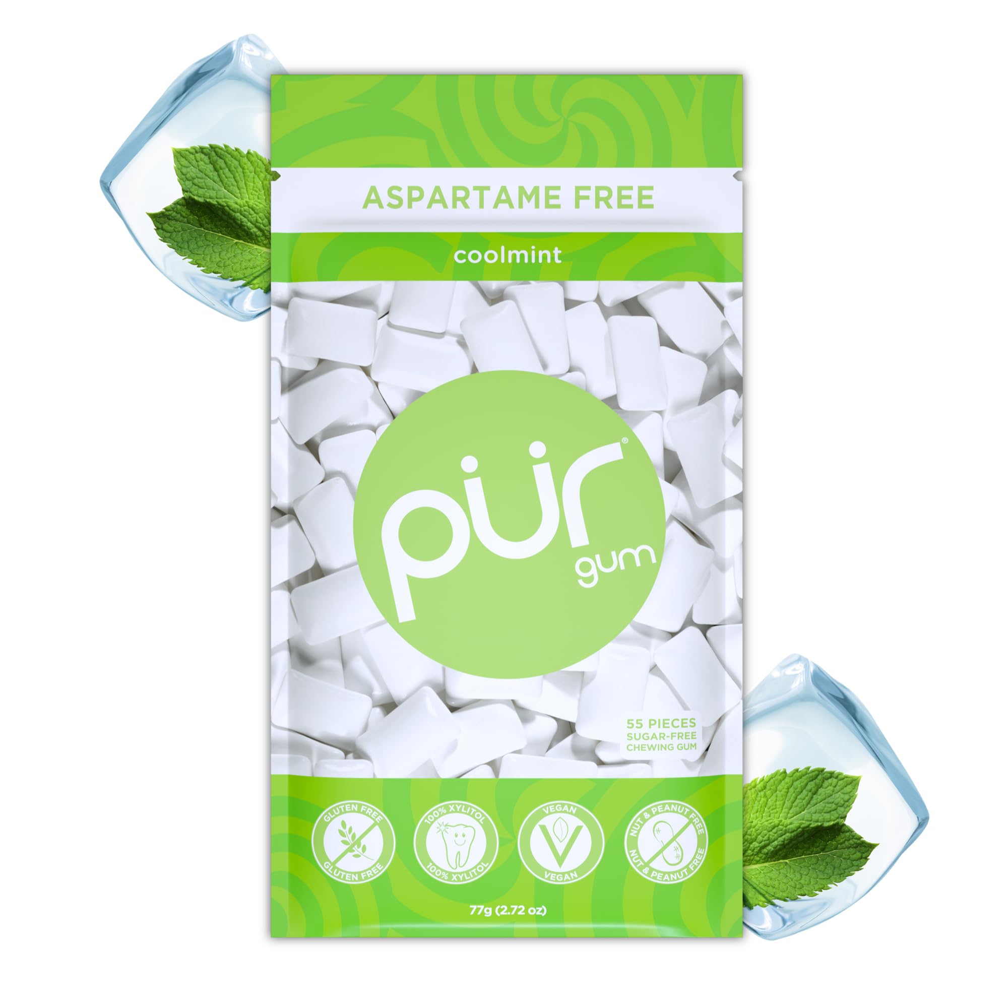 PUR Gum | Zuckerfreier Kaugummi | Mit Xylit | Vegan, Aspartamfrei & Glutenfrei | Natürlicher Kaugummi Mit Spearmint-Geschmack, 55 Stück (3er Pack)