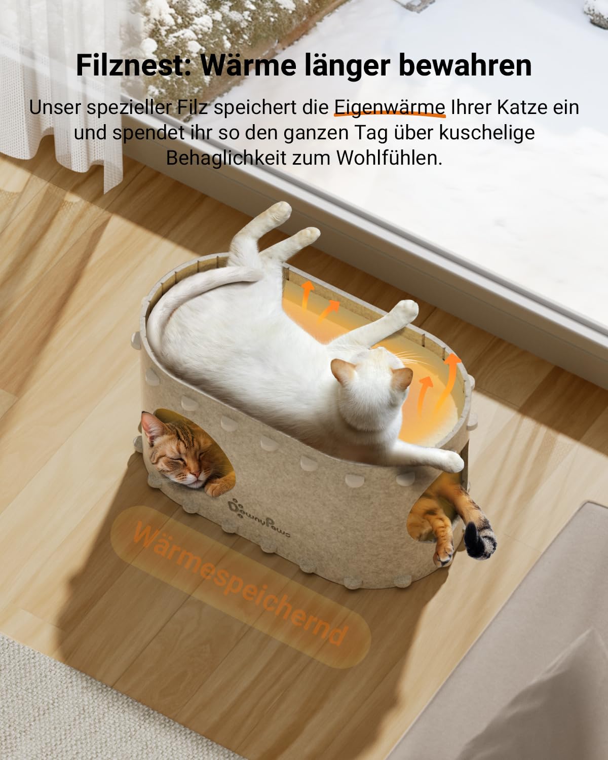 Katzenhöhle Filz, Katzenhaus aus Filz, Katzenbett, Katzenhöhle für Katzen, 58 x 33 x 30cm, Peek-a-Boo zum Spielen, Winterfest, Schutz der Katzennägel, Beige
