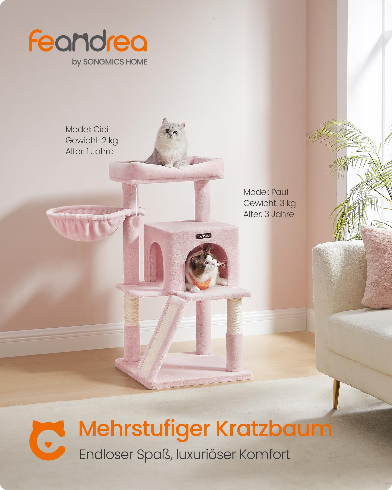 Feandrea Kratzbaum, 96 cm hoch, Katzenbaum mit großer Plattform, Katzenkratzbaum mit Katzenhöhle, Hängematte, Kratzrampe, Plüschball, weicher Plüsch, hellgrau PCT51W