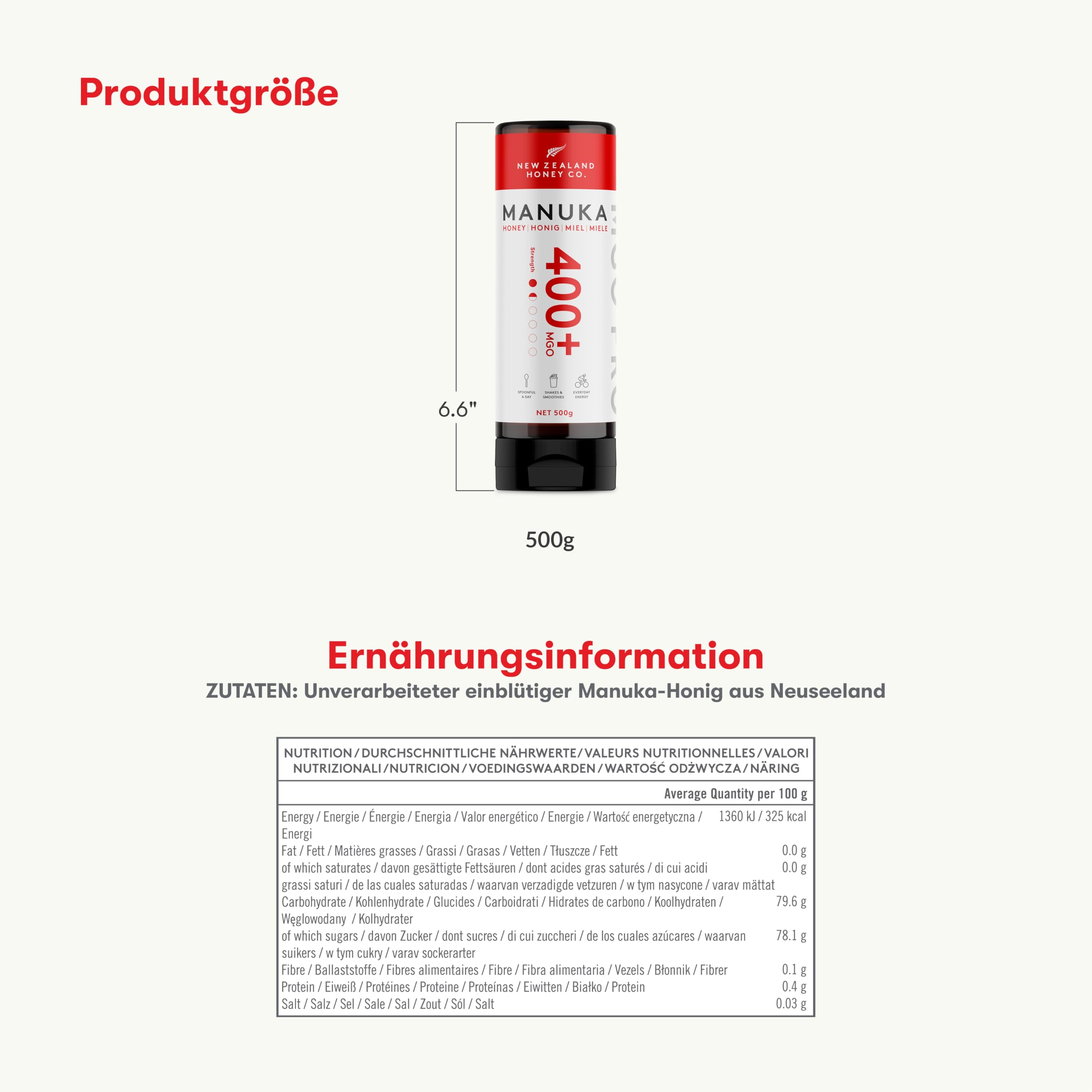 New Zealand Honey Co. Manuka Honig MGO 400+ | 500g Quetschflasche | Aktiv und Roh | Hergestellt in Neuseeland | Zertifiziertem Methylglyoxal Gehalt | 500g