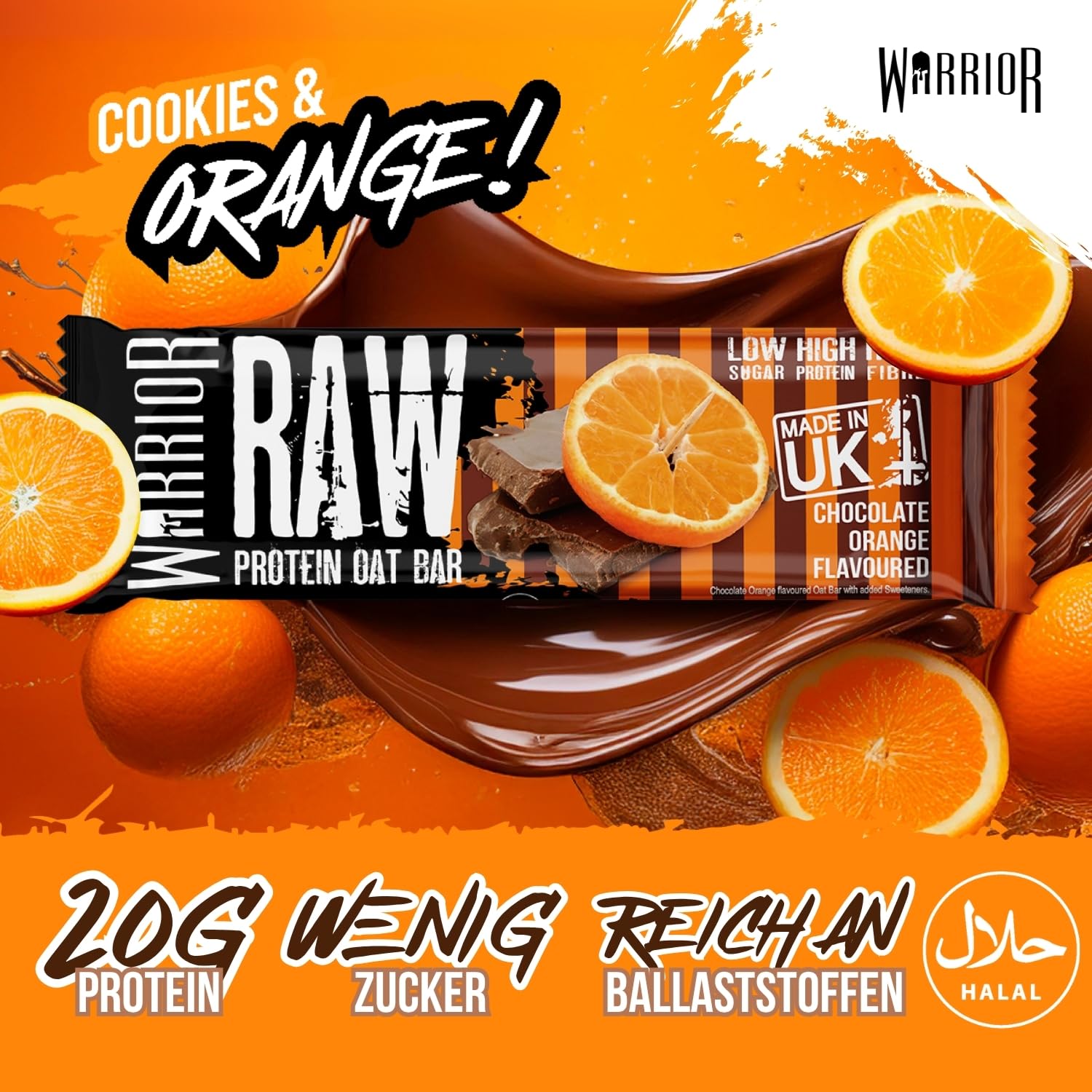 Warrior Raw Proteinriegel 12 x 75 g – Ballaststoffreicher Haferriegel mit Protein, High Protein Snack ohne Zucker, Natürlicher Haferflocken Riegel mit Präbiotika – Schoko-Brownie