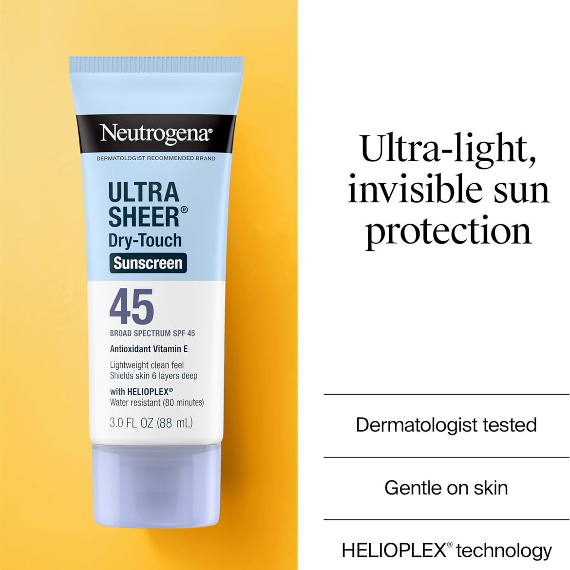 Neutrogena Ultra Sheer Dry-Touch Sunscreen Lotion, Broad Spectrum SPF 55 UVA/UVB Protection, Oxybenzone-Free, Light, Water Resistant, Non-Comedogenic & Non-Greasy, Travel Size, 3 fl. oz
