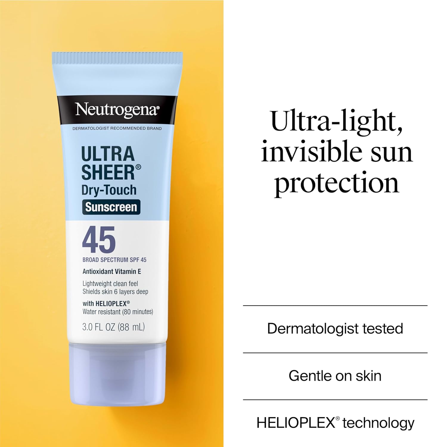 Neutrogena Ultra Sheer Dry-Touch Sunscreen Lotion, Broad Spectrum SPF 55 UVA/UVB Protection, Oxybenzone-Free, Light, Water Resistant, Non-Comedogenic & Non-Greasy, Travel Size, 3 fl. oz