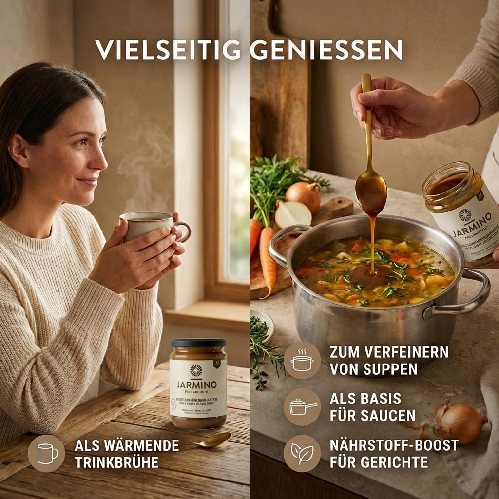 JARMINO Bio Rinderknochenbrühe Konzentrat, Grasgefütterte Brühe für Menschen, Flüssige Knochenbrühe mit Kollagenprotein, Keto, Paleo & AIP geeignet, Rinderbrühe, 440 g, 44 Portionen